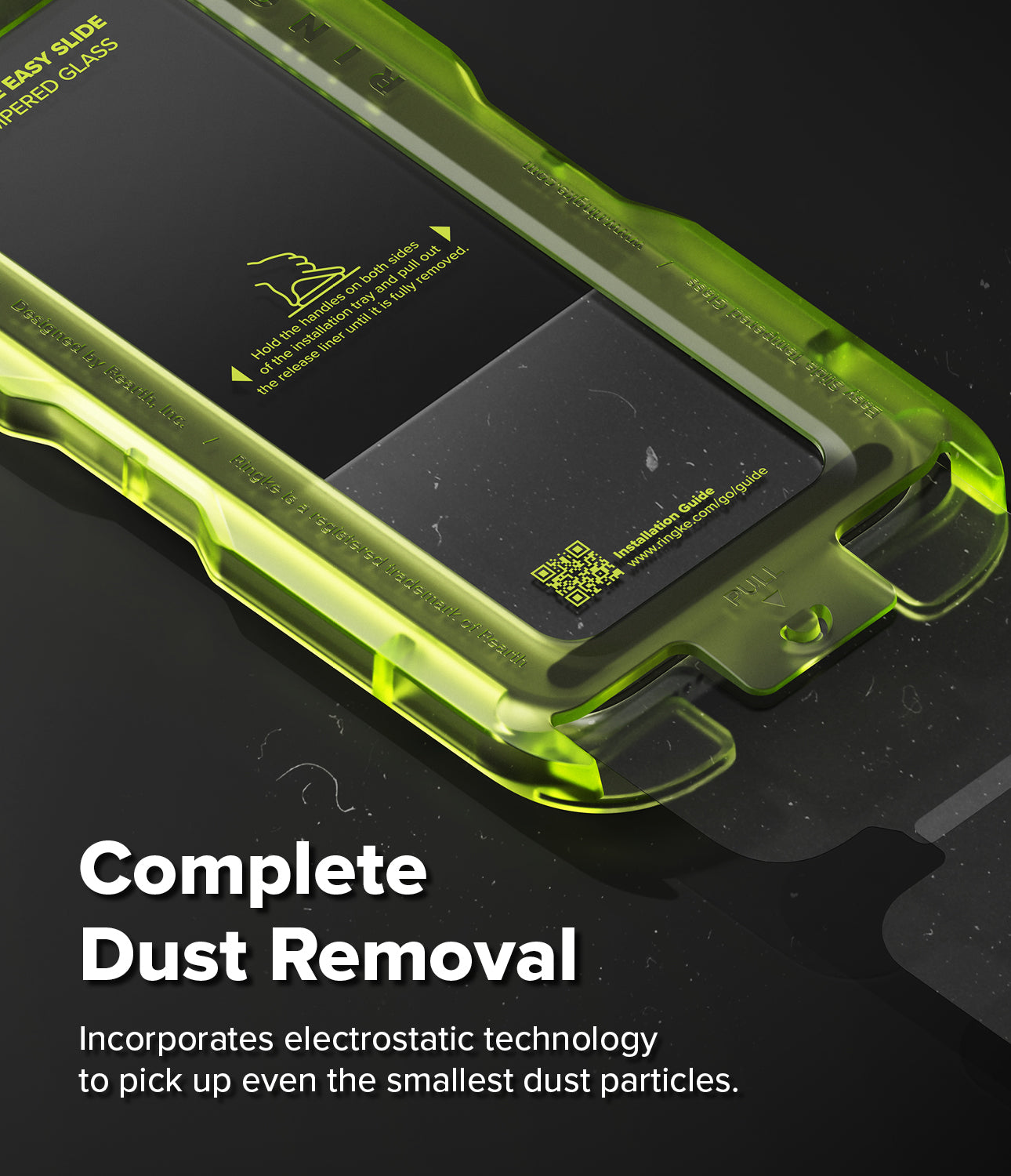 Close-up view of the Ringke tempered glass applied to an iPhone 17 Pro screen, showing its clarity and precision fit.