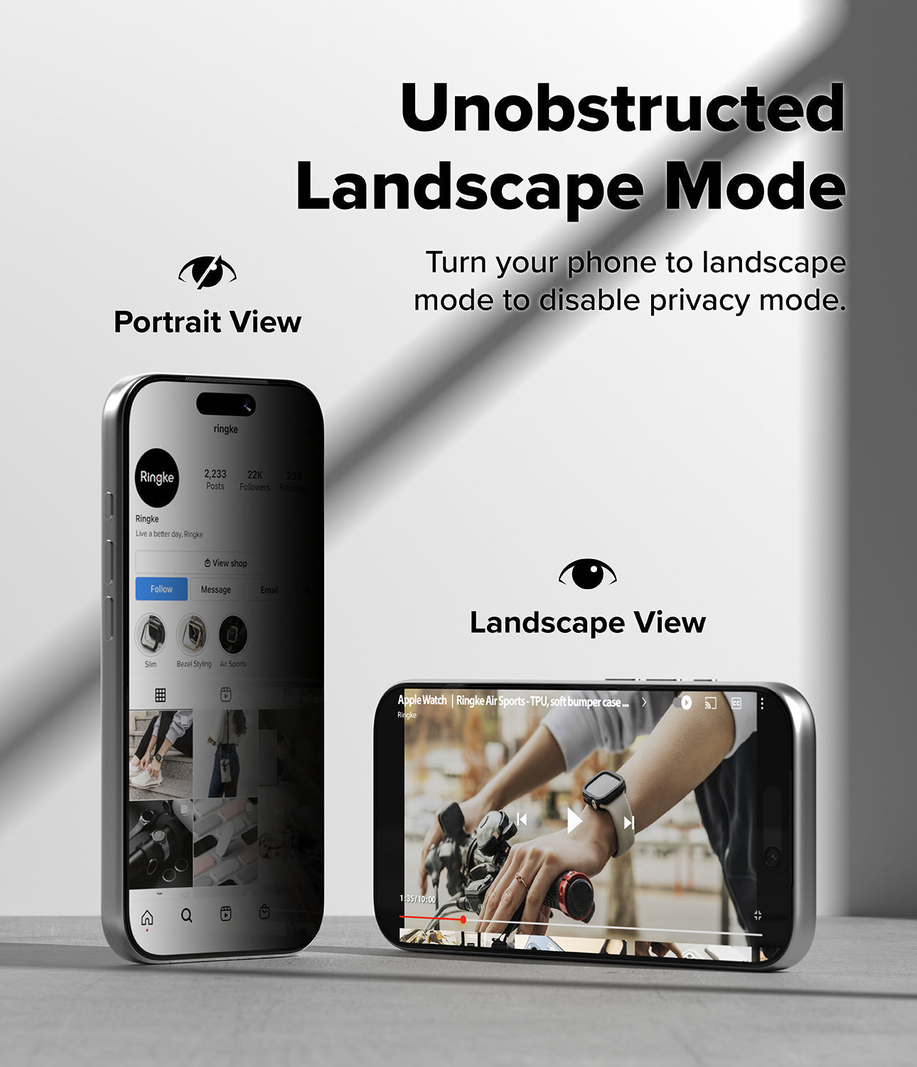 iPhone 17 Pro with the privacy screen protector applied, showing the dark, unreadable screen from a side angle.