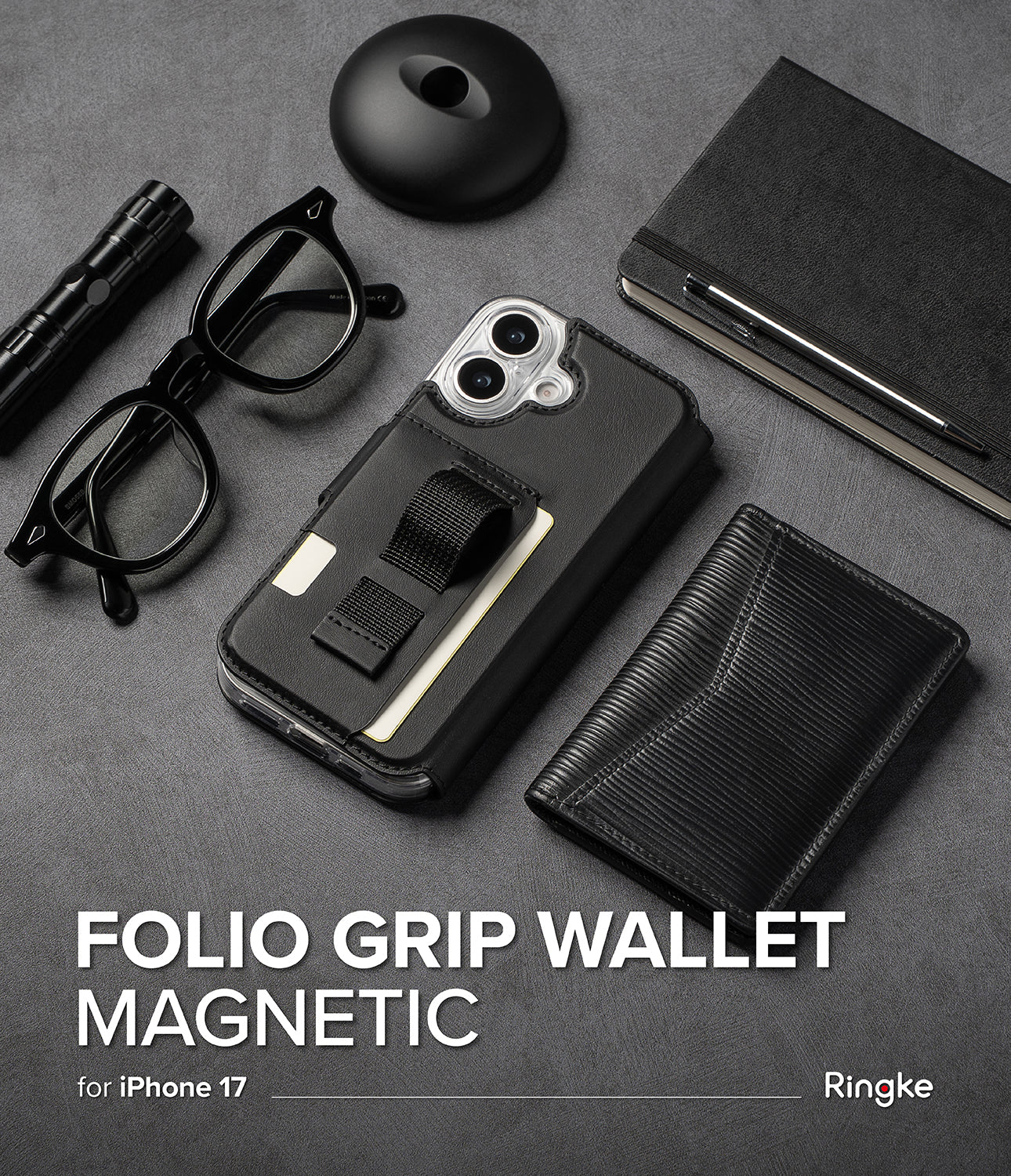 Front view of the black Ringke Folio Grip Wallet showing the polyester webbing strap and the folio design.