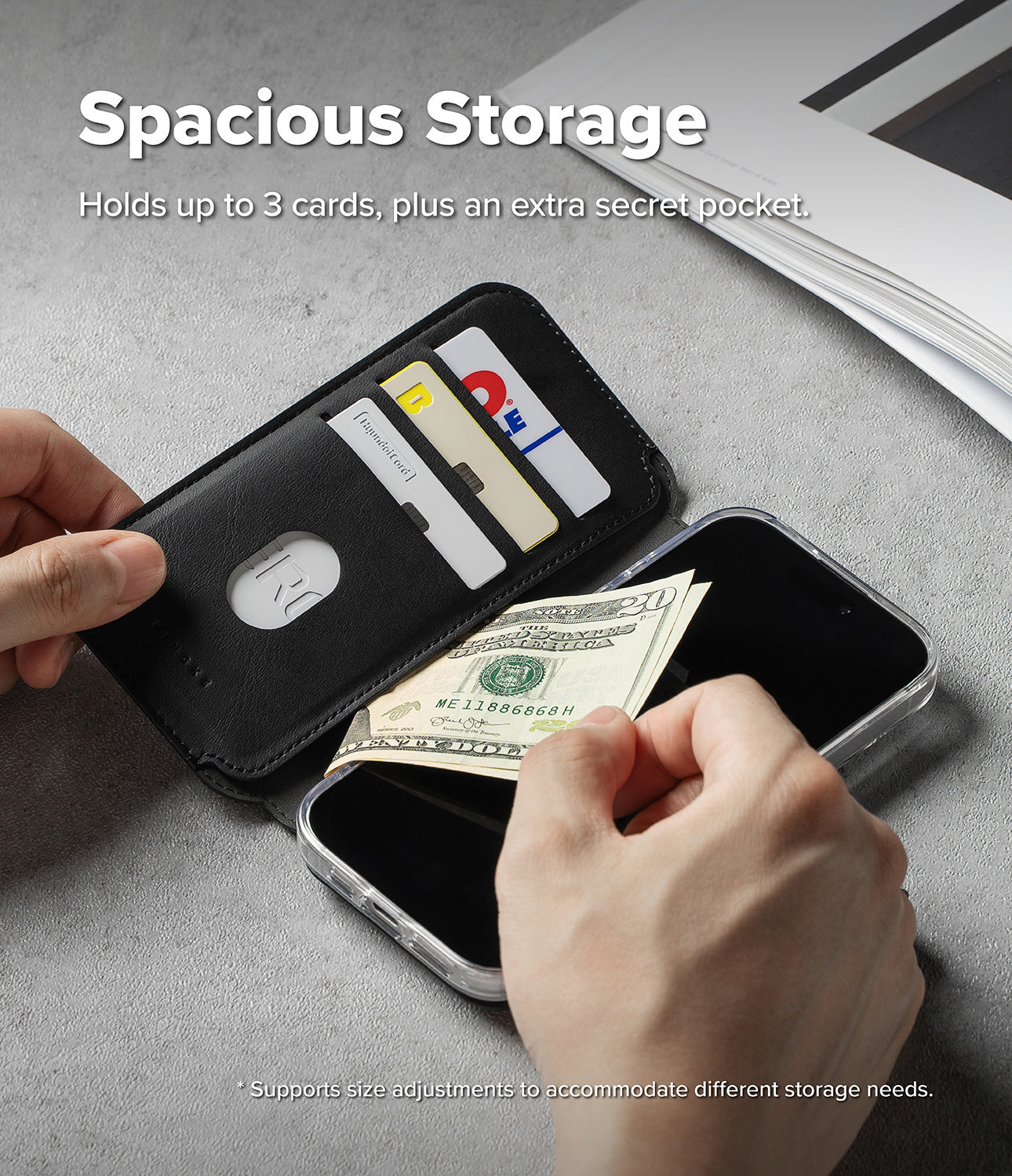 Inside view of the Ringke Folio Grip Wallet showing the three card slots and one large hidden pocket.