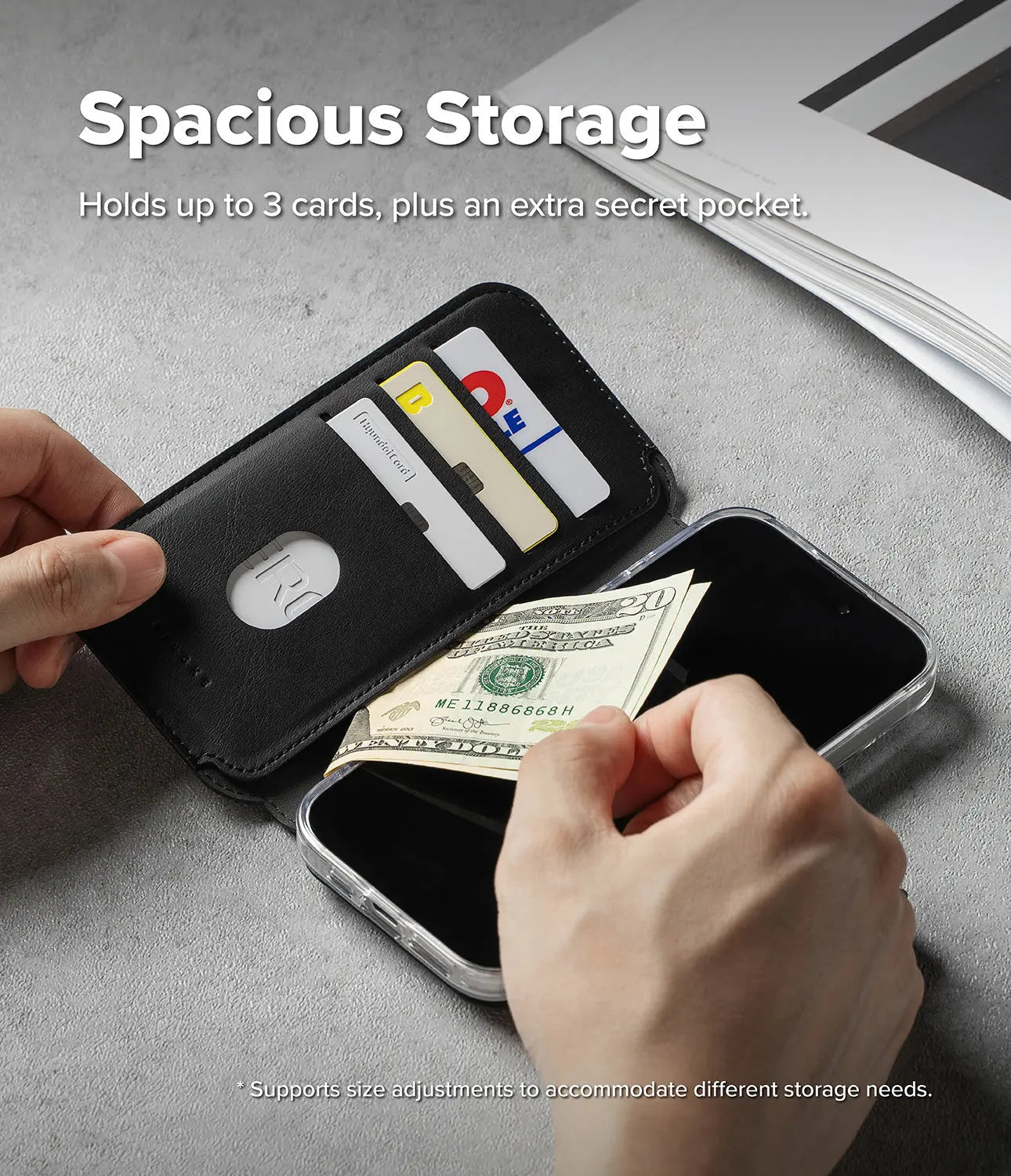 Inside view of the Ringke Folio Grip Wallet showing the three card slots and one large hidden pocket.