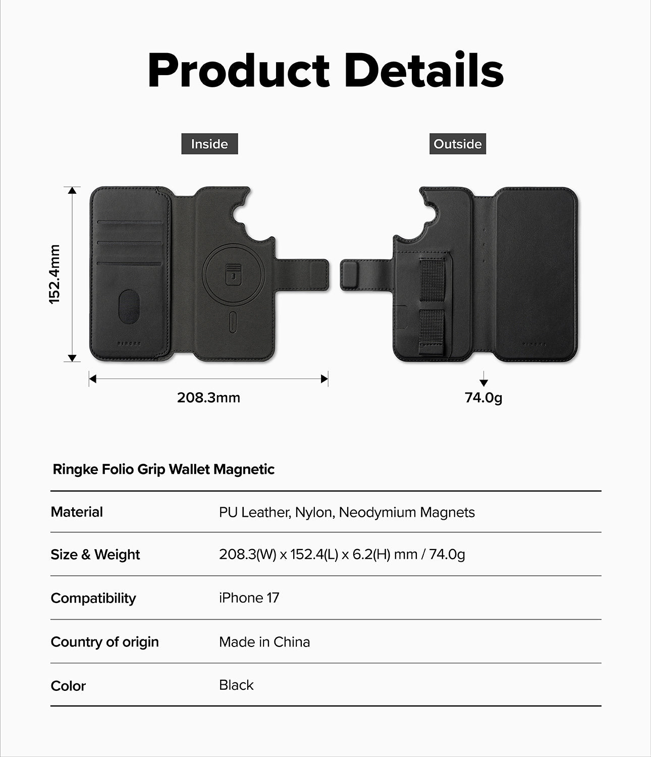 iPhone 17 Case Folio Grip Wallet Magnetic Black by Ringke