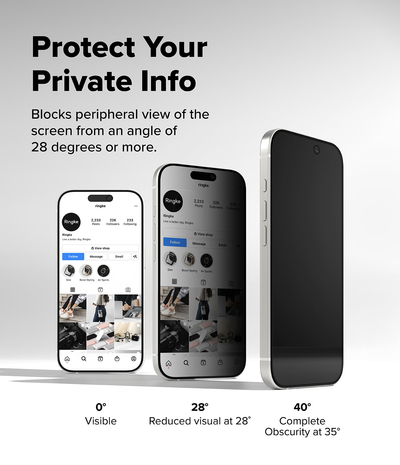 iPhone 17 with the privacy screen protector applied, showing the dark, unreadable screen from a side angle.