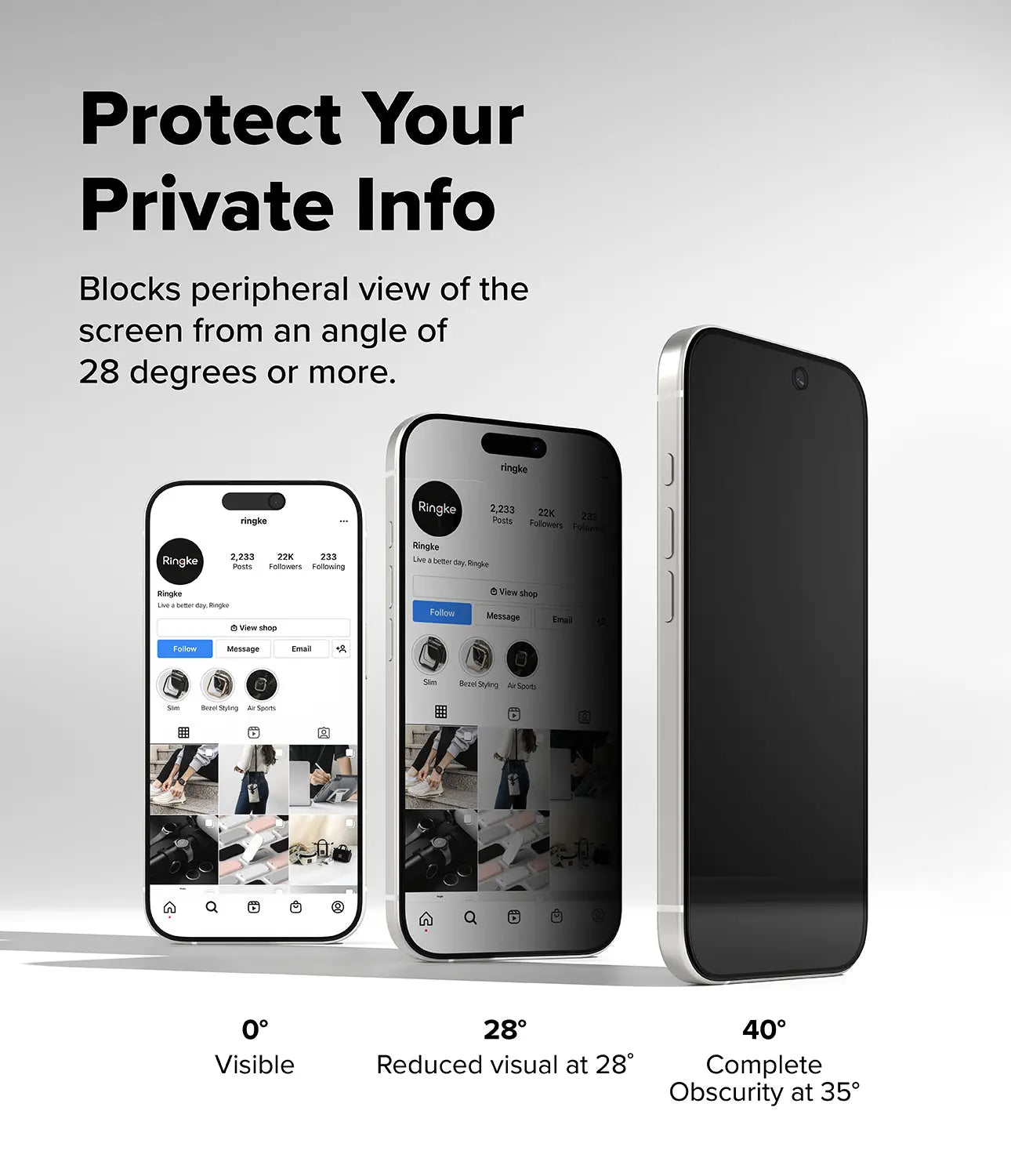 iPhone 17 with the privacy screen protector applied, showing the dark, unreadable screen from a side angle.