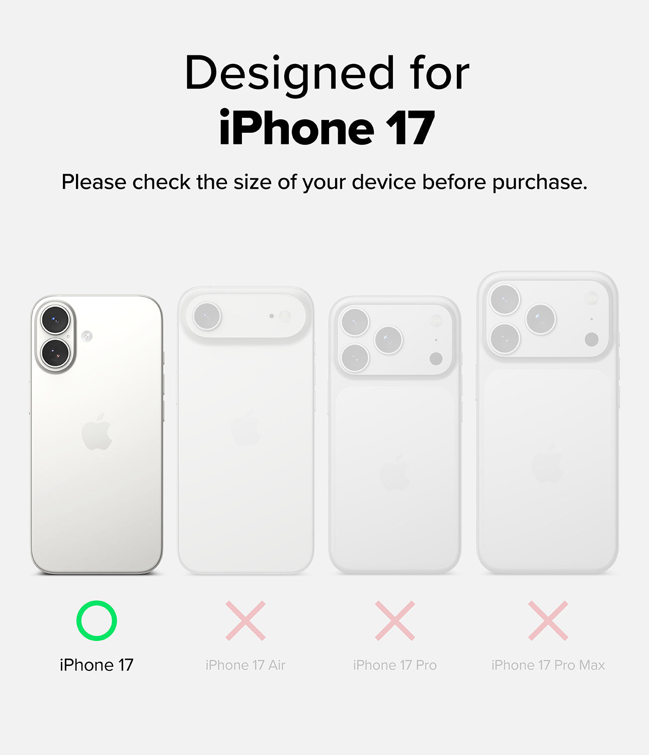 Comparison chart of iPhone models with text advising to check device size before purchase.