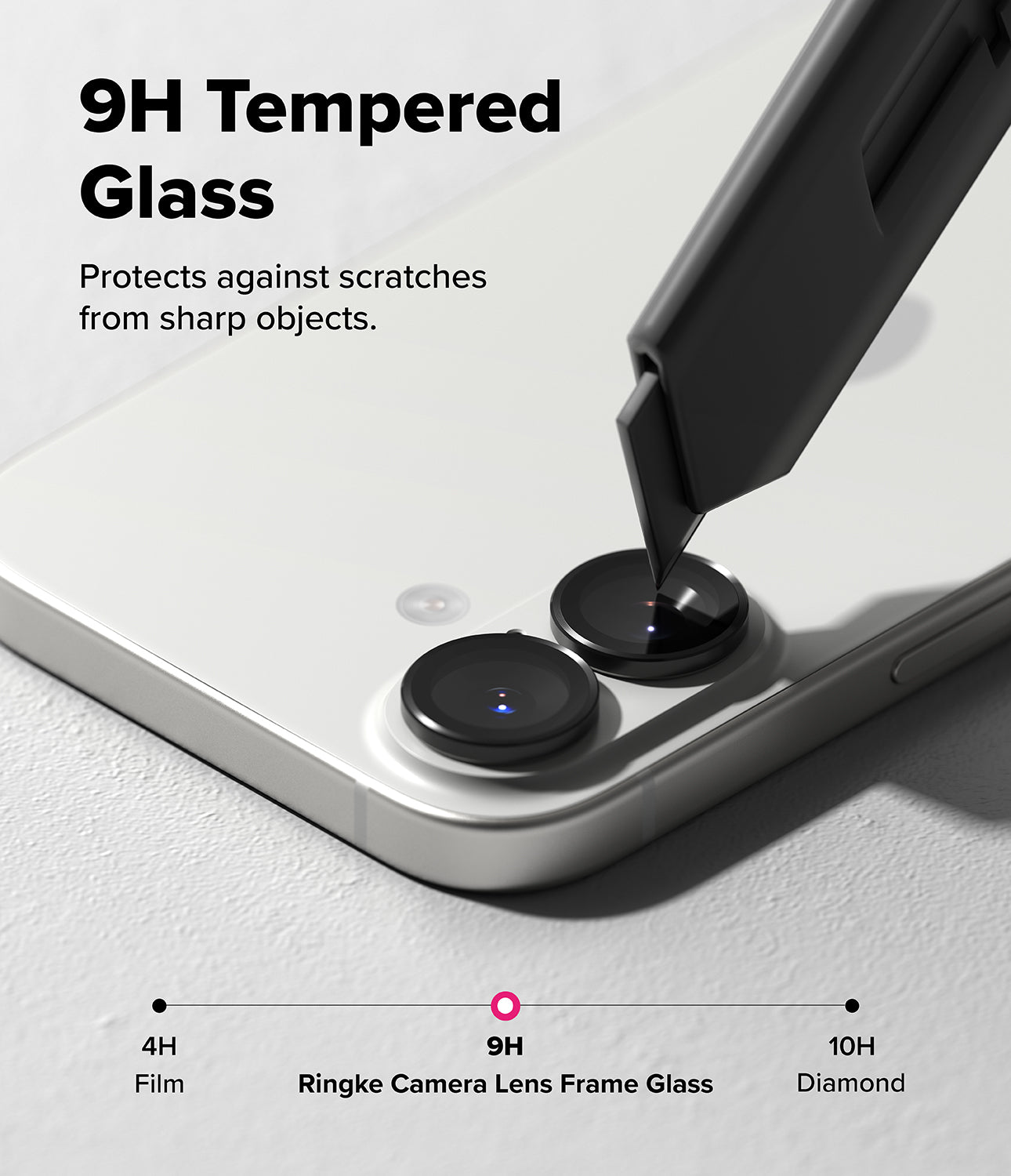 Phone case applying 9H tempered glass to phone camera lens with text about protection against scratches.