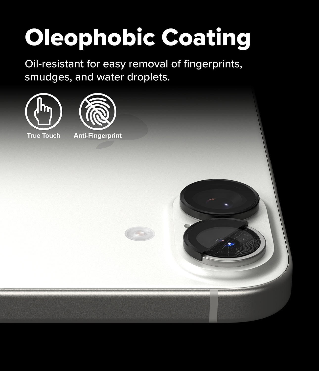 Close-up view of the Ringke camera lens protectors installed on an iPhone 17.