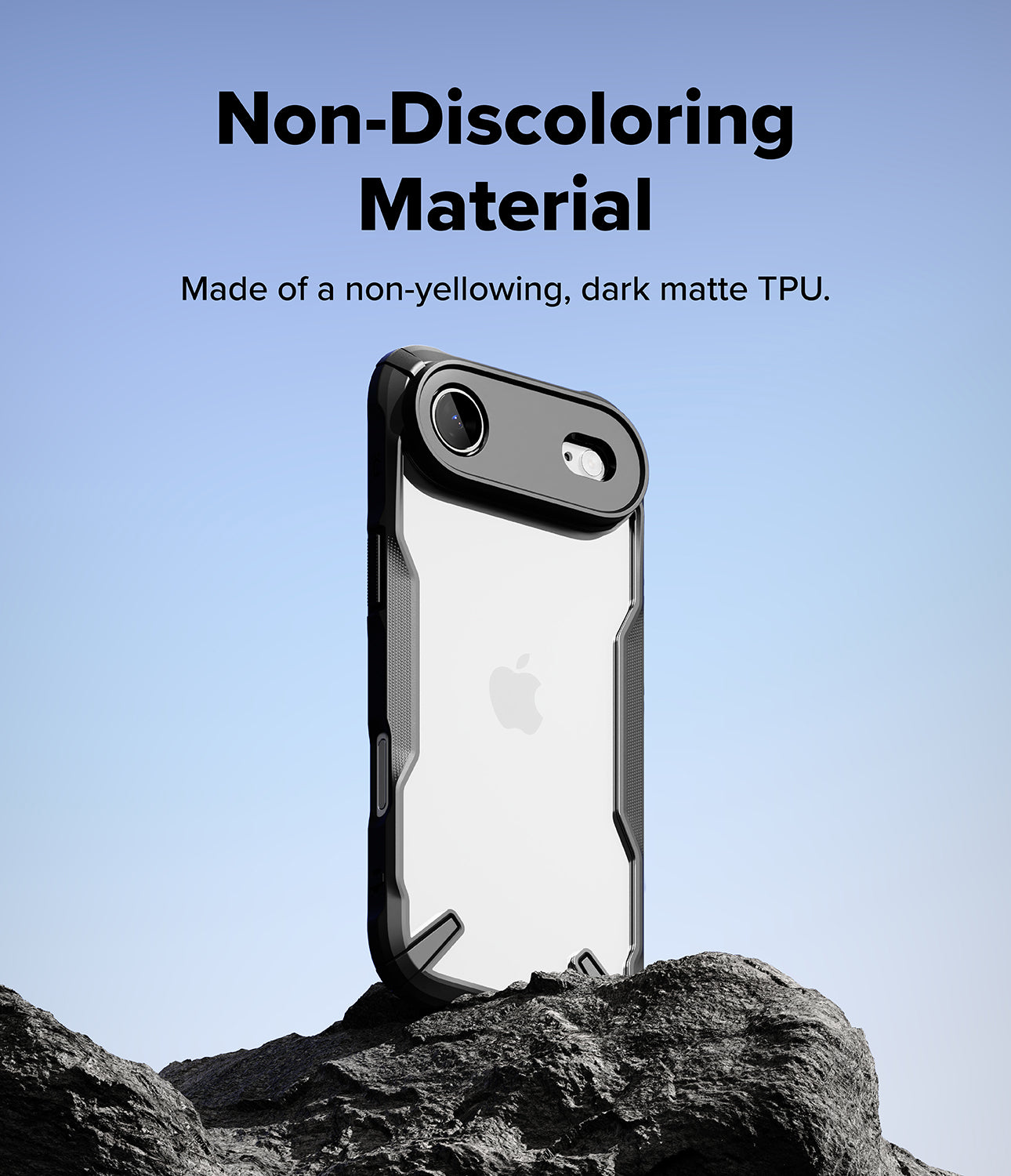 Back view of the iPhone 17 Air in the Ringke Fusion X case, highlighting the protective corners and transparent panel.