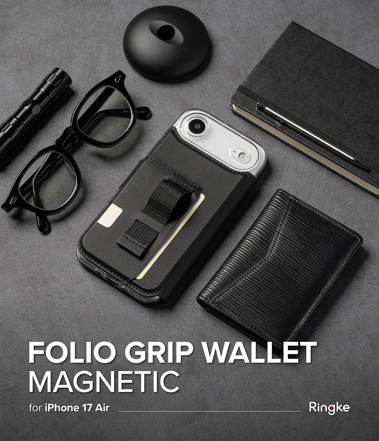 Front view of the black Ringke Folio Grip Wallet showing the polyester webbing strap and the folio design.