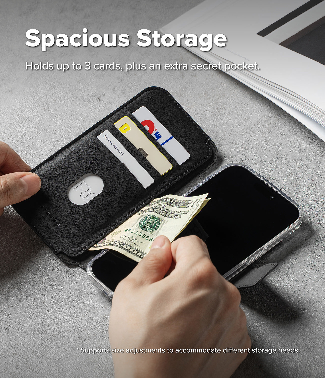 Inside view of the Ringke Folio Wallet for iPhone 17 Air showing the three card slots and one hidden pocket.