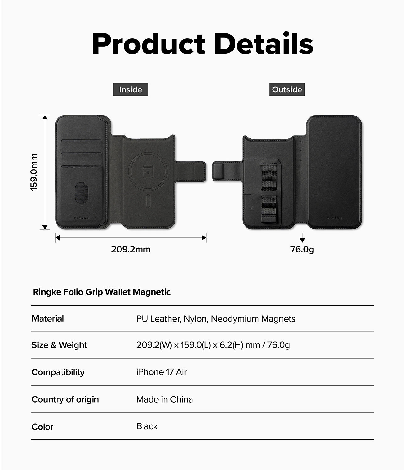 iPhone 17 Air Case Folio Grip Wallet Magnetic Black by Ringke