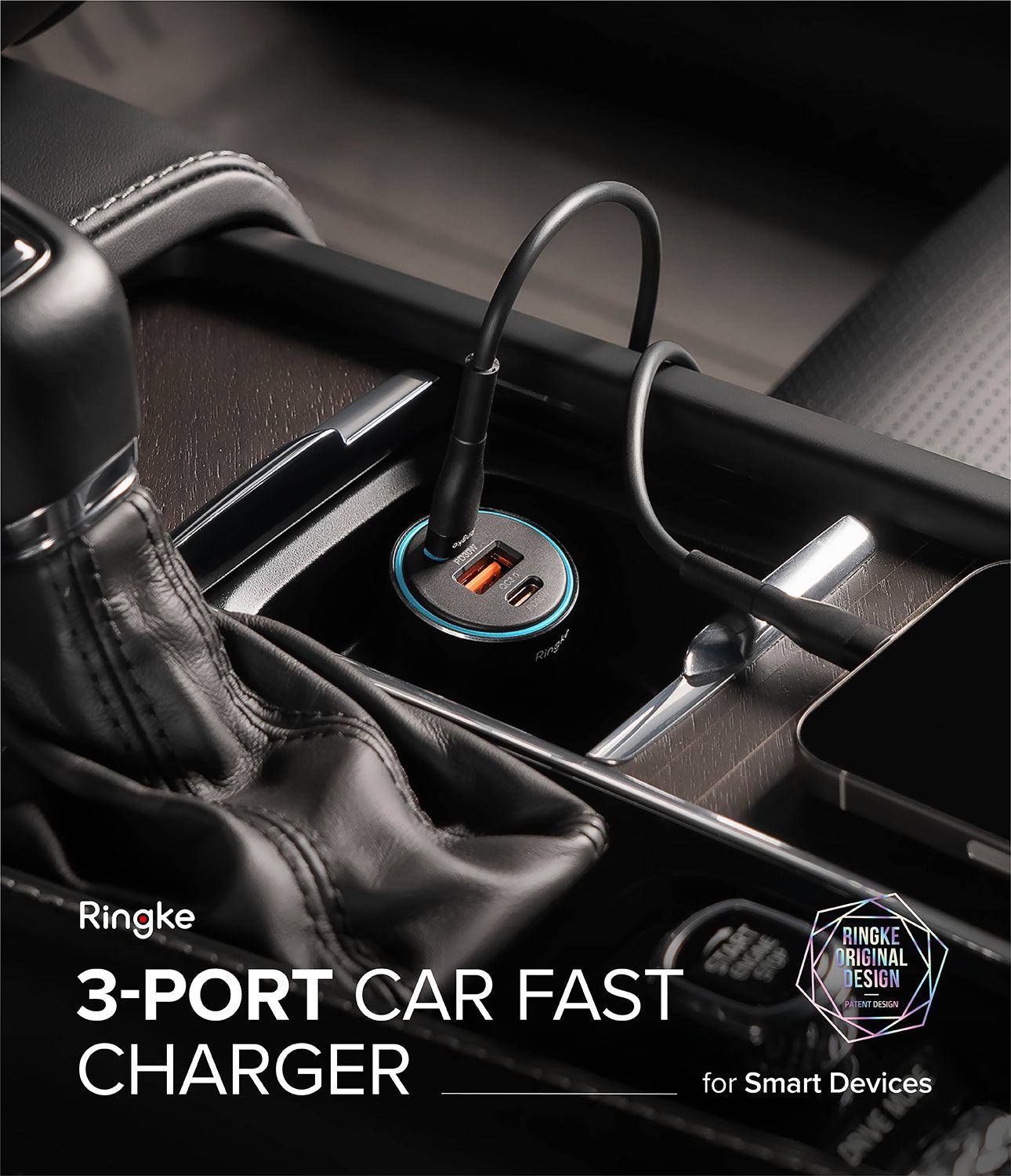 The compact design of the Ringke 84W fast car charger, emphasizing the premium materials.