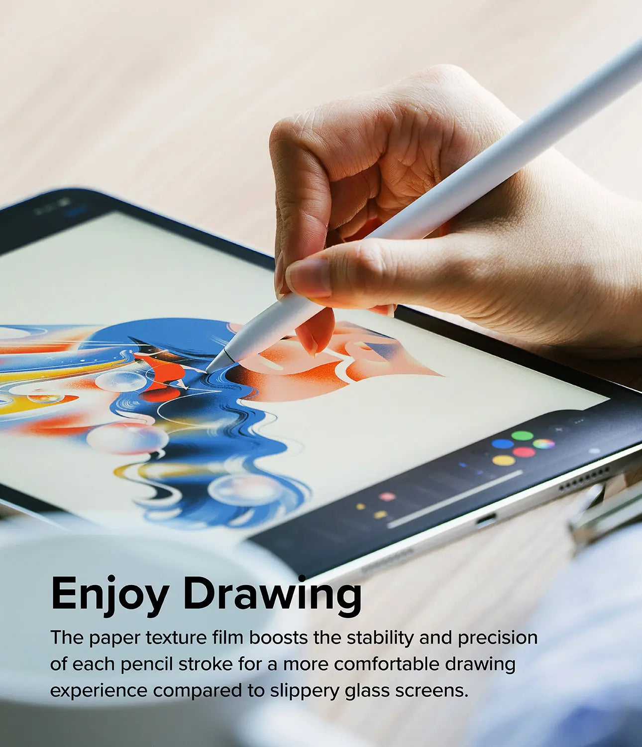 Close-up of the anti-glare, velvety matte texture of the Ringke Paper Touch screen film.