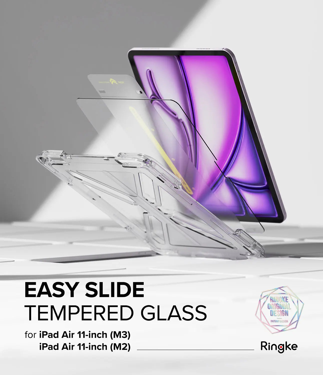 Tempered glass screen protector for iPad Air on a white surface with 'Ringke' branding.