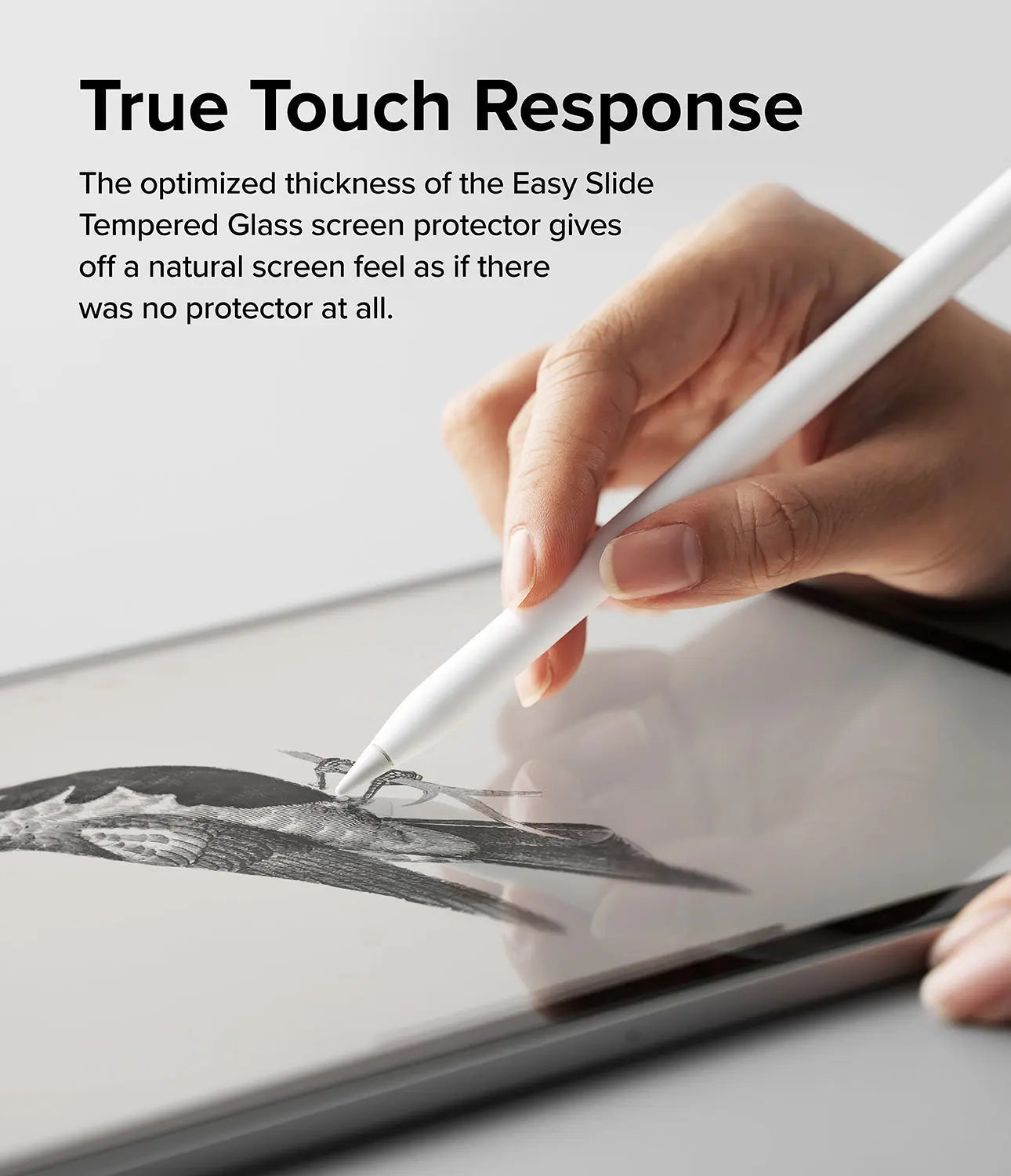 Hand using a stylus on a tablet with text about True Touch Response and screen protector thickness.