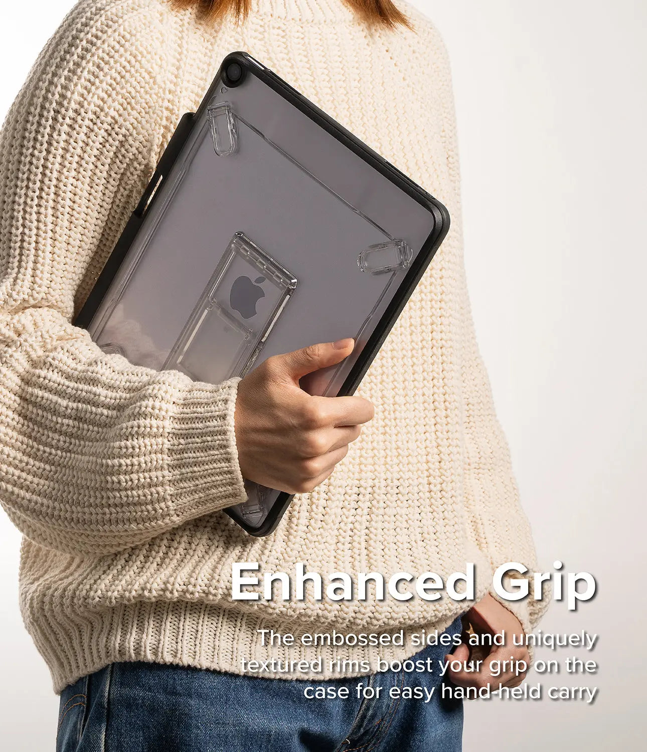 Person holding a tablet case with an embossed Apple logo, emphasizing enhanced grip.