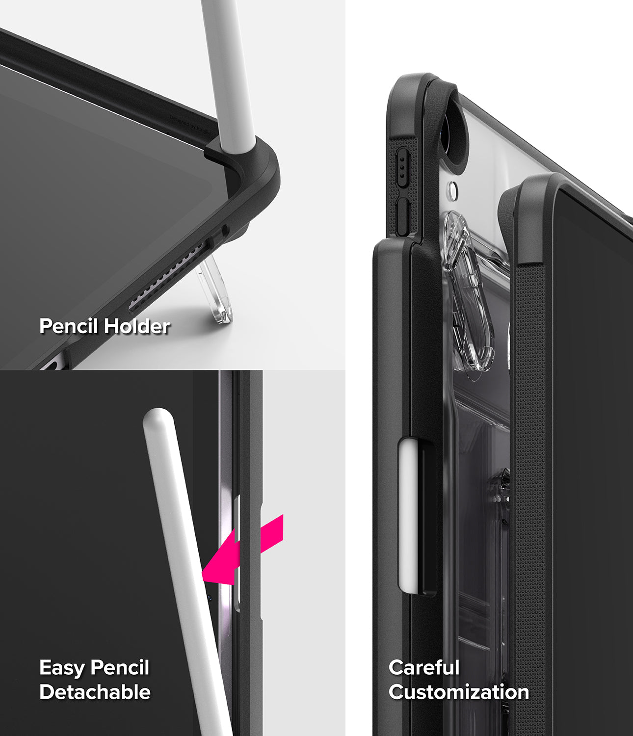 Close-up view of the side of the Ringke Fusion Sketch Stand case showing the integrated Apple Pencil holder with overcharge prevention feature.