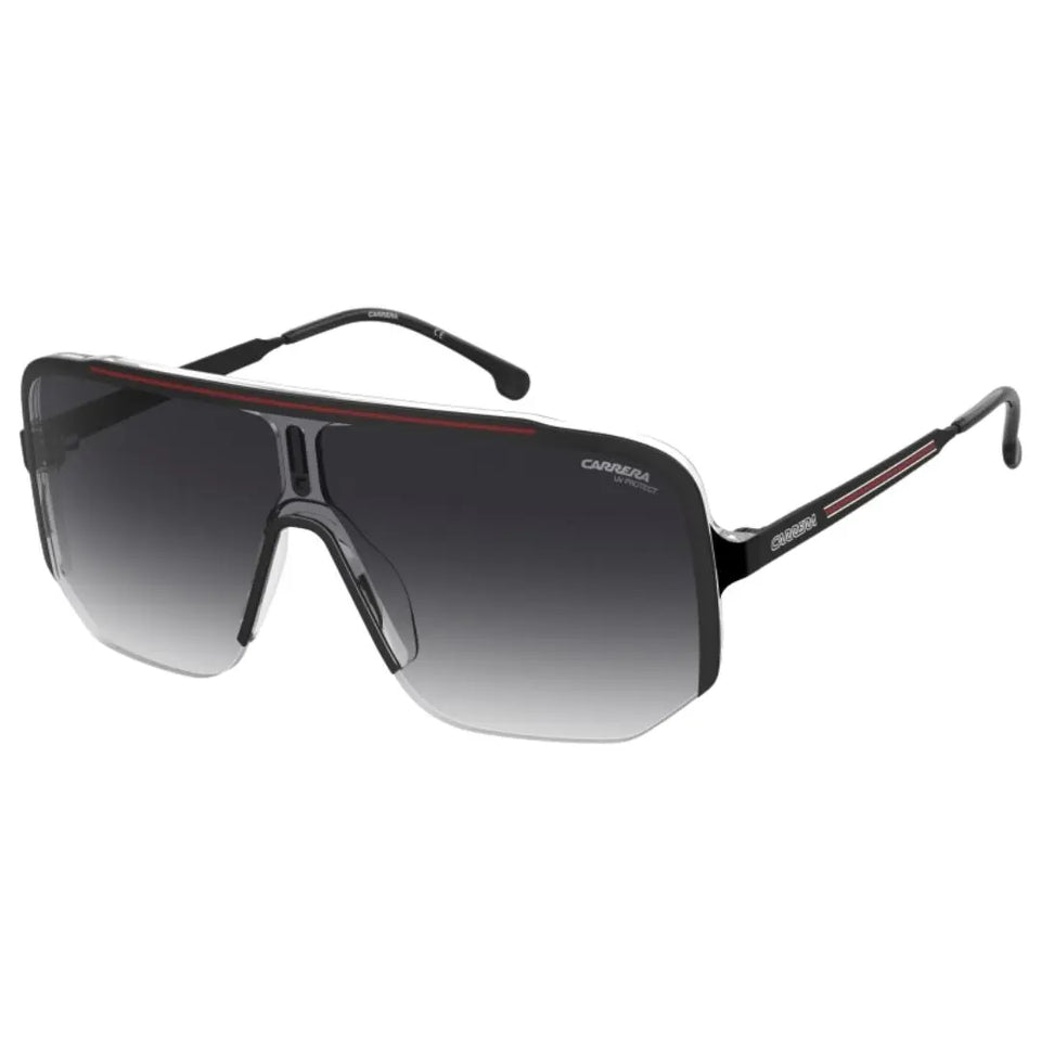 Carrera 1060/S unisex shield sunglasses featuring a flat-top black and red half-rim frame. The single dark grey shaded lens is detailed with the Carrera flag and 'C' logo at the center.