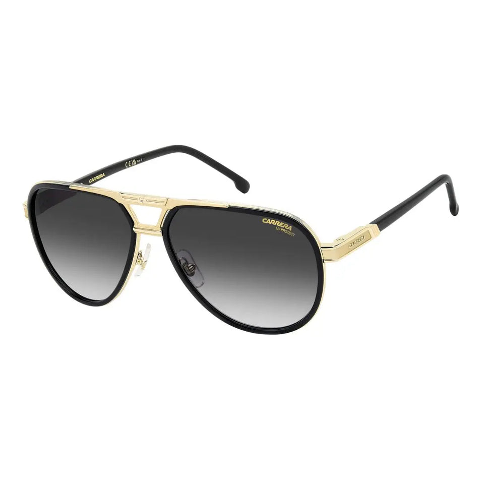 Carrera 1076/S men's aviator sunglasses featuring a matte black and gold stainless steel frame. The hexagonal pilot lenses are grey gradient with a signature double bridge.