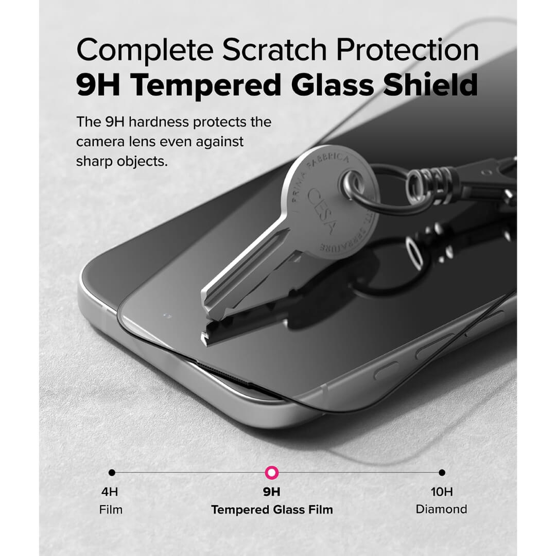 9H tempered glass shield protects camera lens against sharp objects