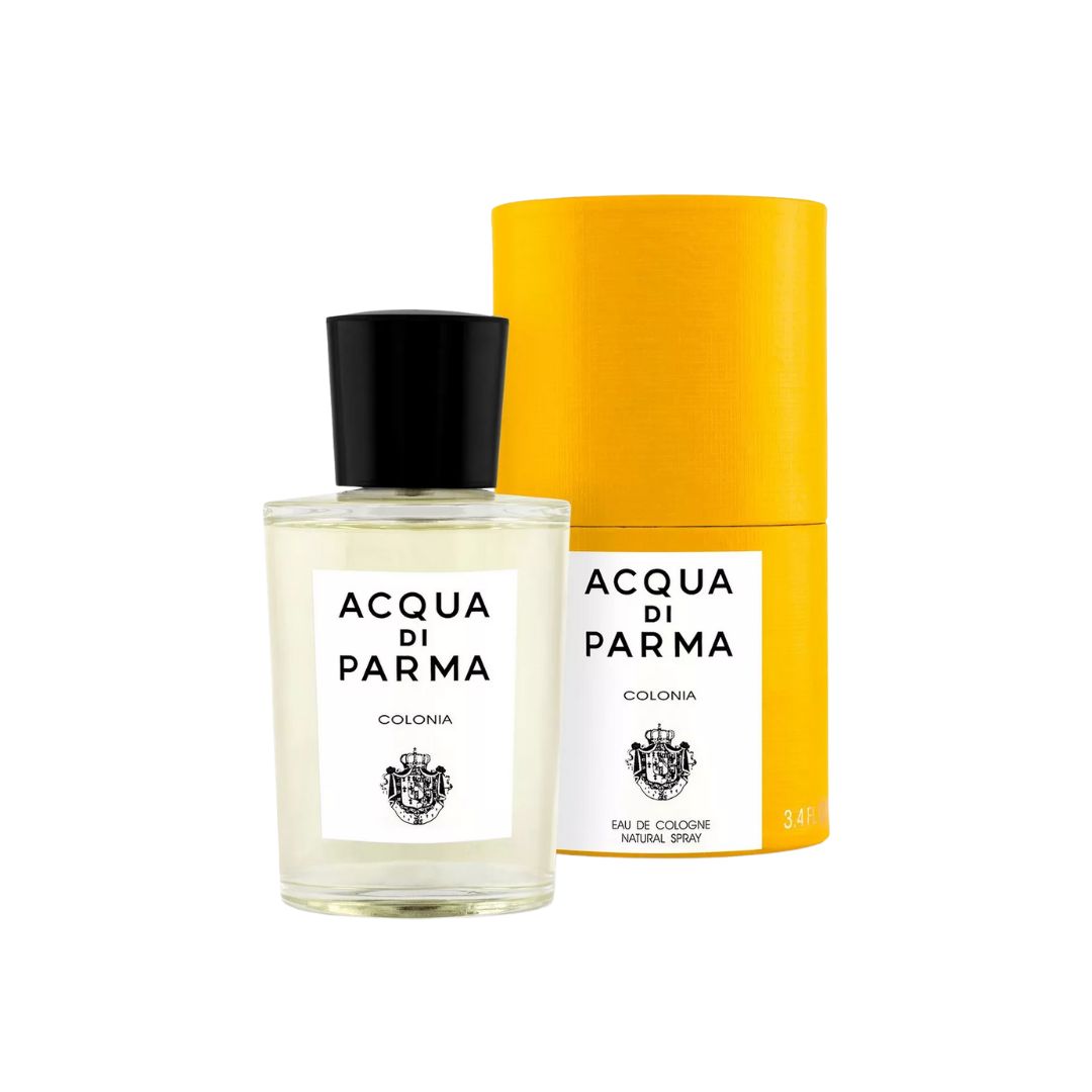 Acqua Di Parma Colonia EDC 100ml, a quintessential, elegant Art Deco glass bottle with a black cap, showcasing a clear liquid and suggesting a classic, bright citrus and herbal aromatic scent.