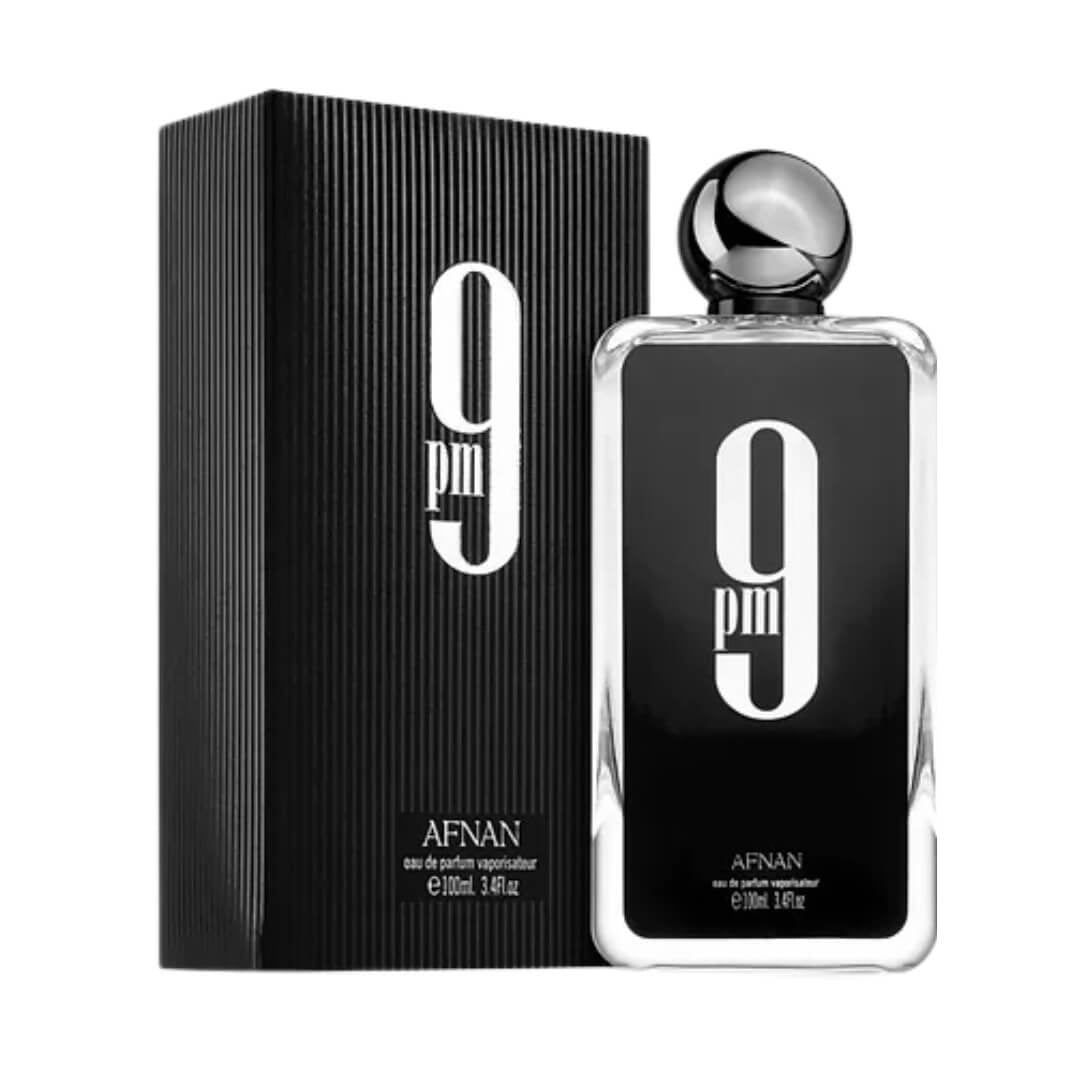 Afnan 9 PM EDP 100ml – bold and seductive Oriental Vanilla fragrance for men with notes of apple, cinnamon, and amber. Elegant Black Box with tall Bottle in NZ