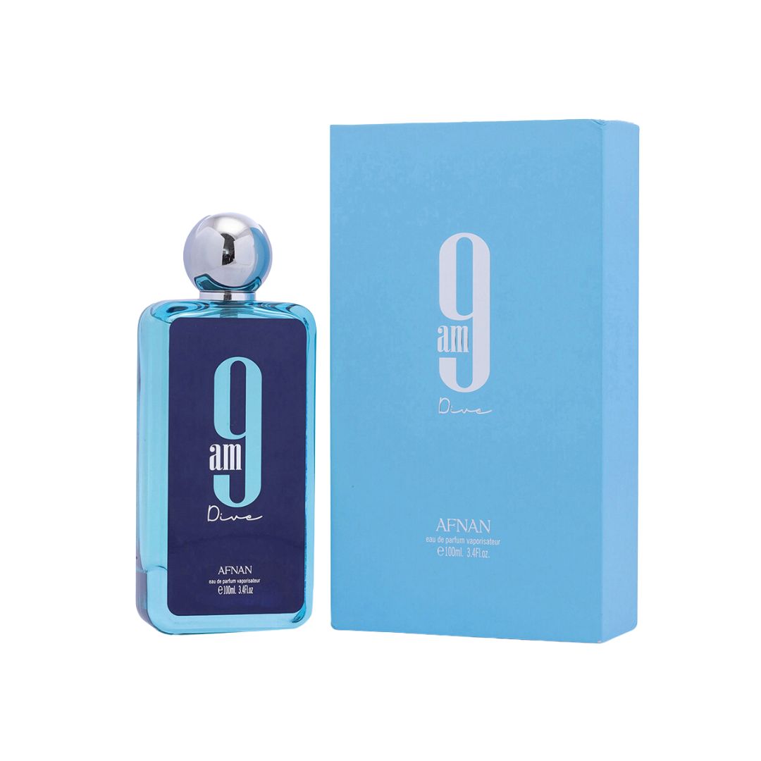 Afnan 9am Dive EDP 100ml, a striking blue bottle suggesting a fresh aquatic and bright aromatic scent with crisp citrus and mint notes.