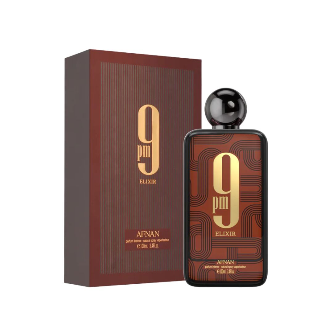 Afnan 9pm Elixir Parfum Intense 100ml, a sleek, dark glass bottle with a prominent cap, suggesting a potent, spicy oriental scent with rich leather and vanilla notes.