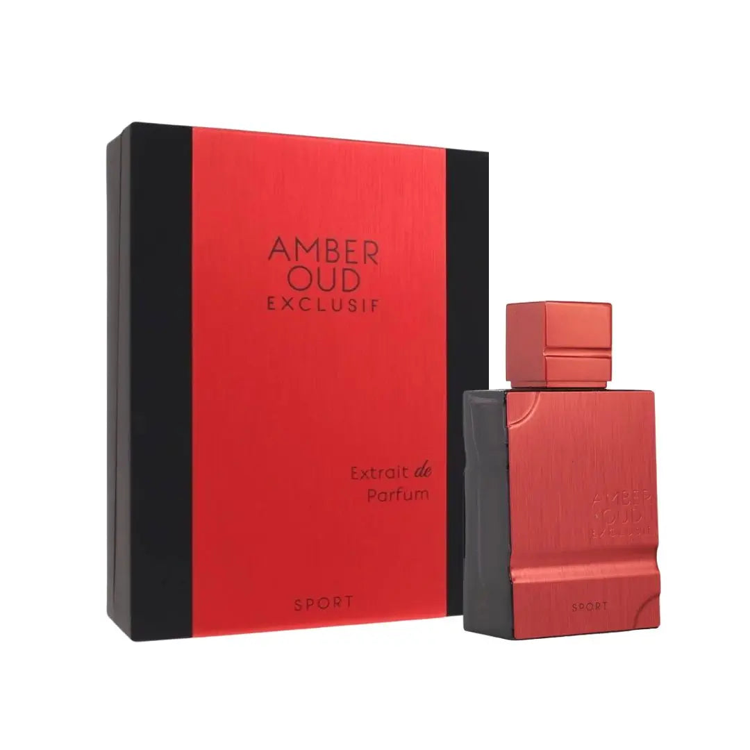Al Haramain Amber Oud Exclusif Sport Extrait De Parfum 60ml, a striking blue and gold bottle, suggesting a clean, powerful, and musky-aquatic scent for active luxury.