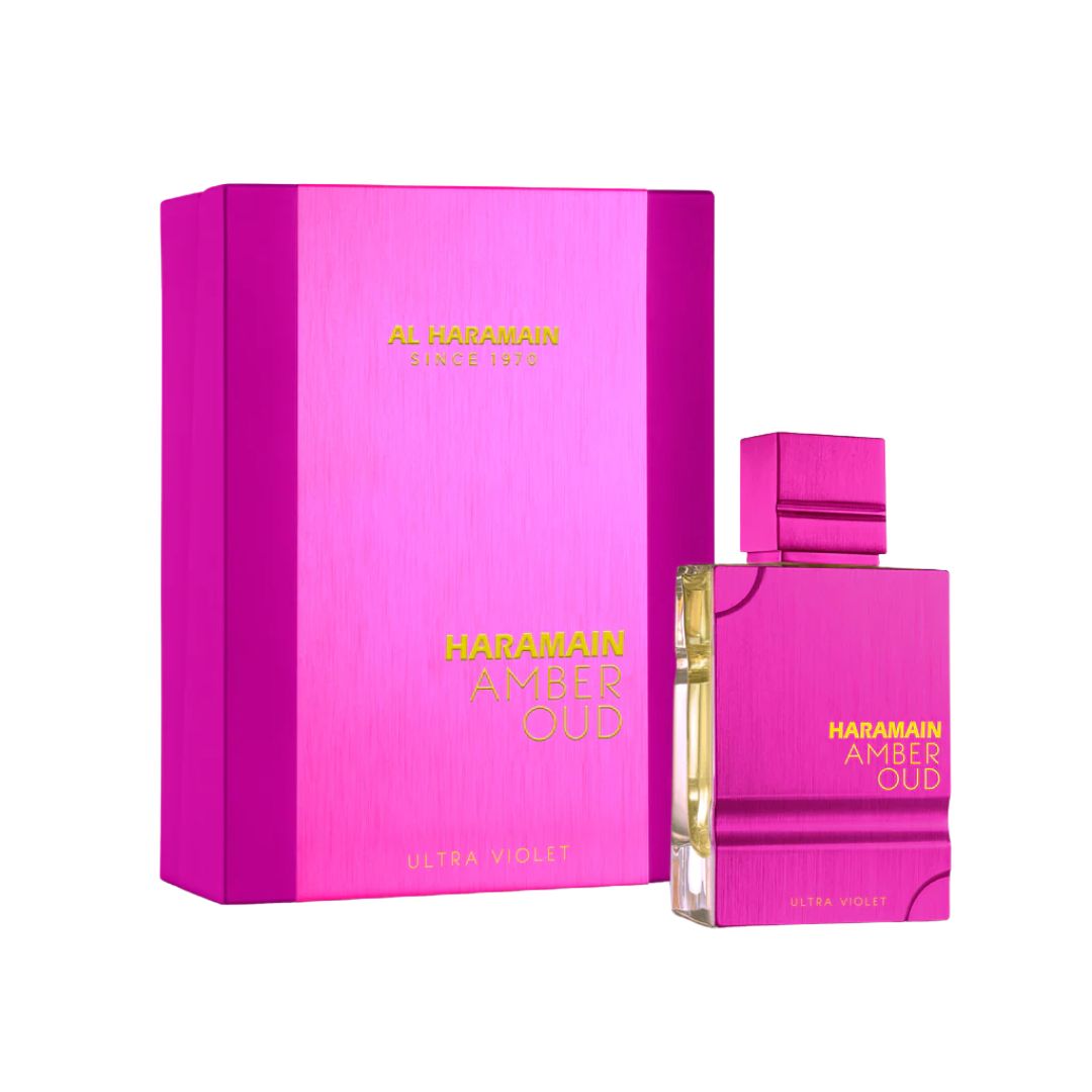 Al Haramain Amber Oud Ultra Violet EDP 60ml, a striking purple and gold bottle, suggesting a rich, intense white floral scent with spicy and woody undertones for women.
