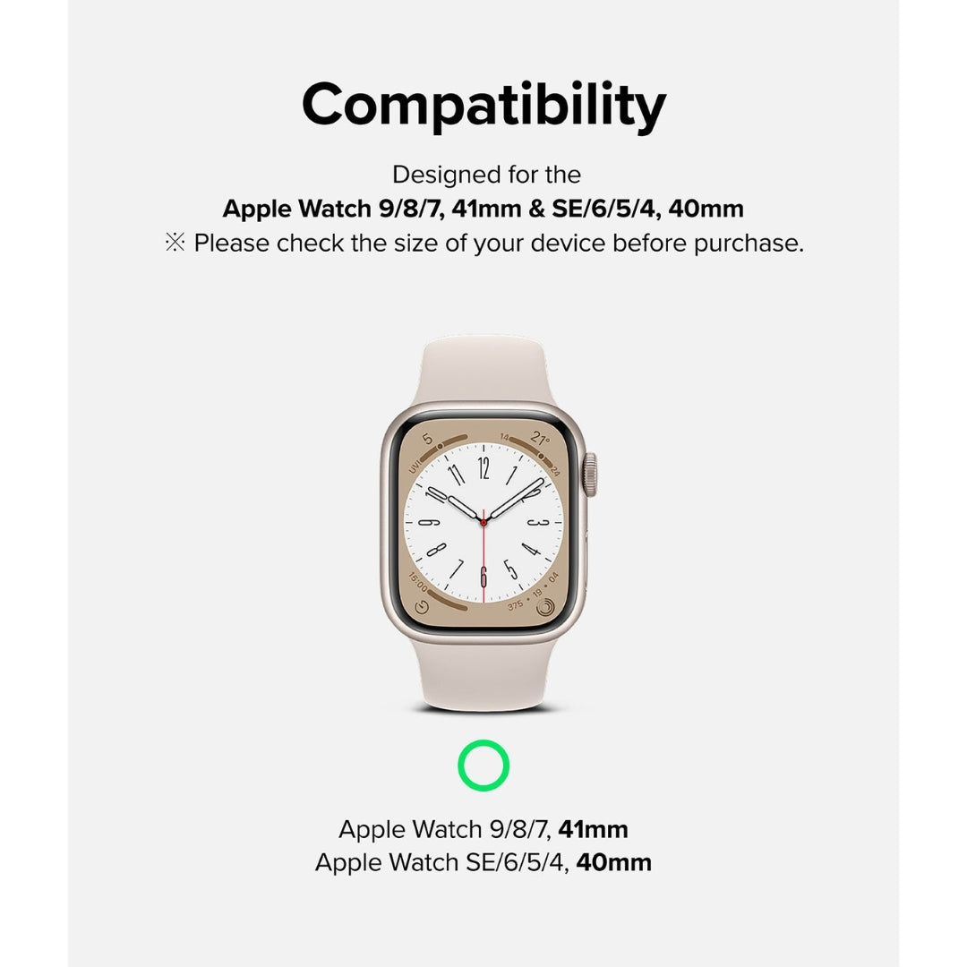 Compatible with the Apple Watch 9/8/7 (41mm) as well as the 4/5/6/SE (40mm), ensuring versatile protection for various models.