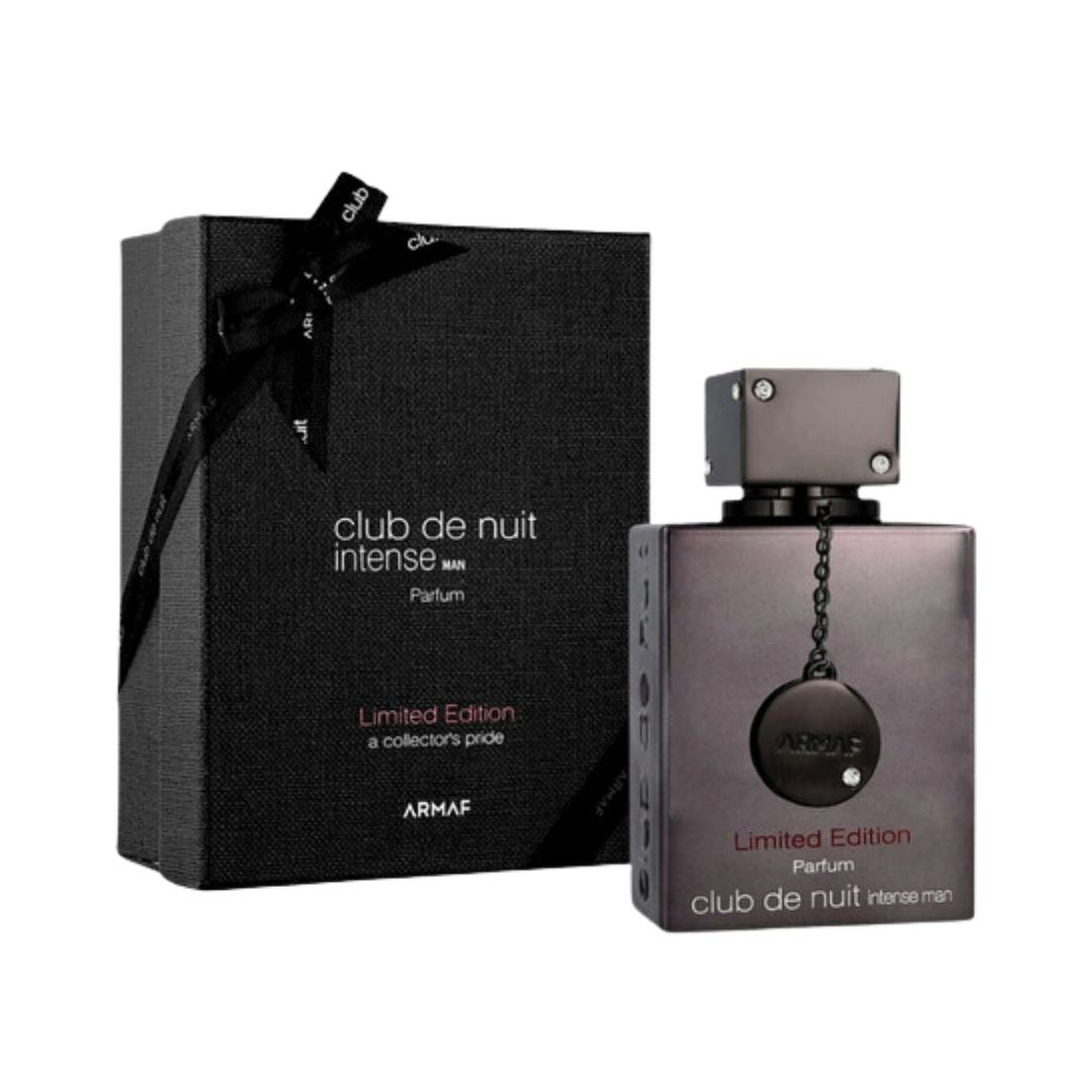 Armaf Club De Nuit Intense Limited Edition 2024 105ml Parfum, a sleek black bottle with a dark liquid, suggesting a powerful, sophisticated, and exclusive masculine fragrance in NZ