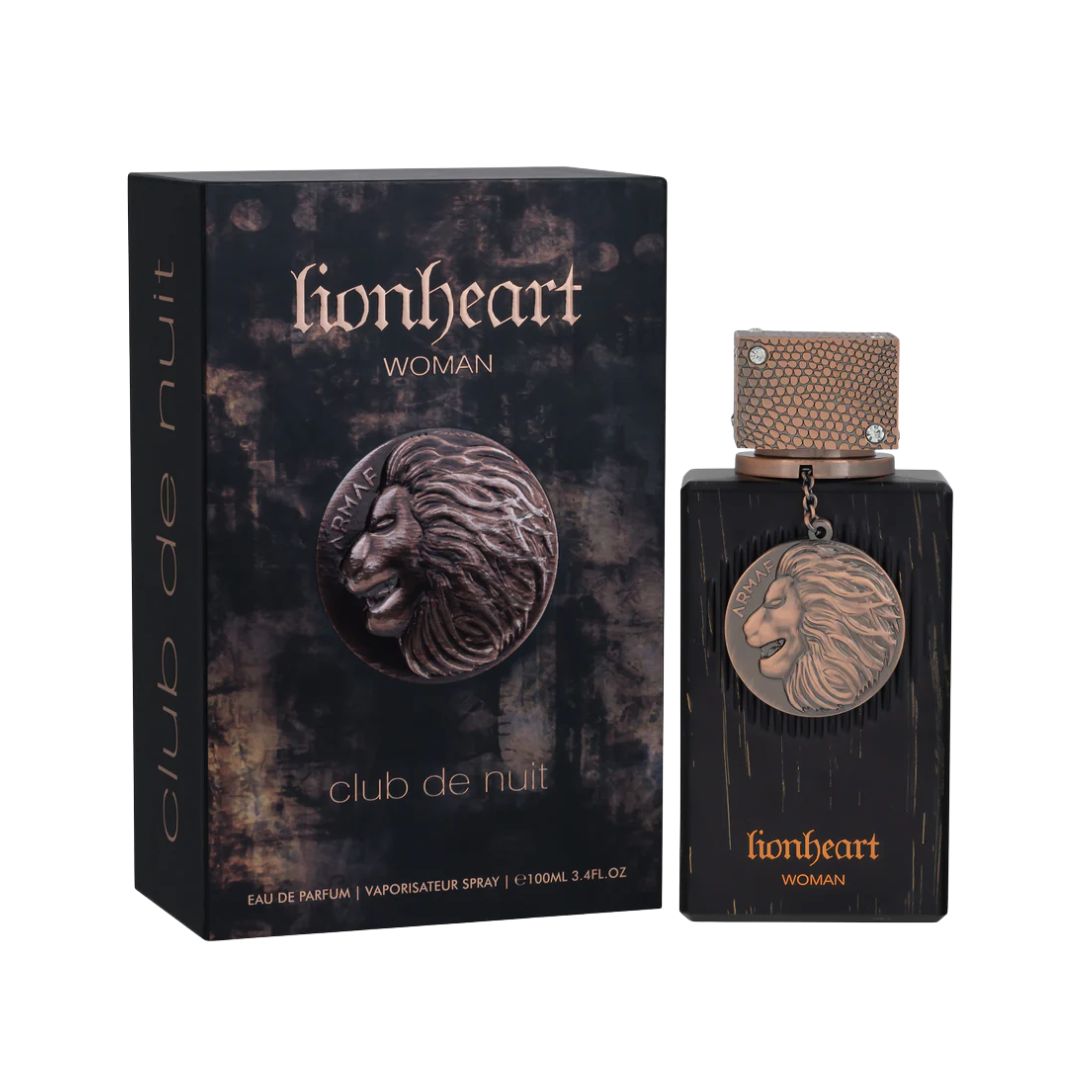 Armaf Club De Nuit Lionheart EDP 100ml, an elegant, dark glass bottle with signature Club De Nuit detailing, suggesting a rich, warm oriental vanilla and gourmand scent for women.