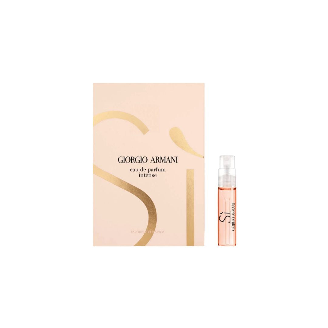 Armani Si EDP Intense 1.2ml sample vial, featuring a warm, blackcurrant and vanilla fragrance for women. 