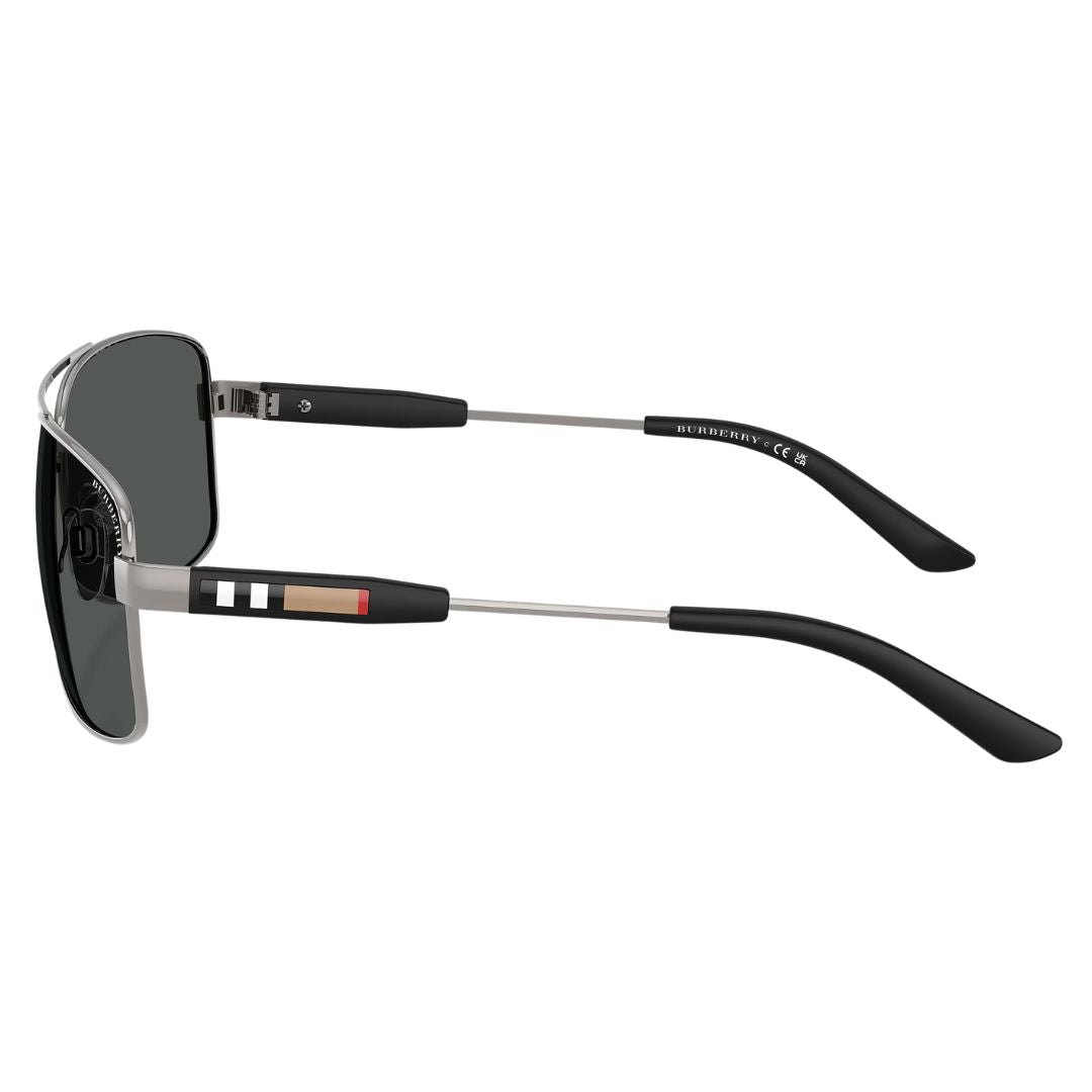 Side view of Burberry BE3074 gunmetal sunglasses showing thin temples with signature check pattern detail - Gadgets Online NZ