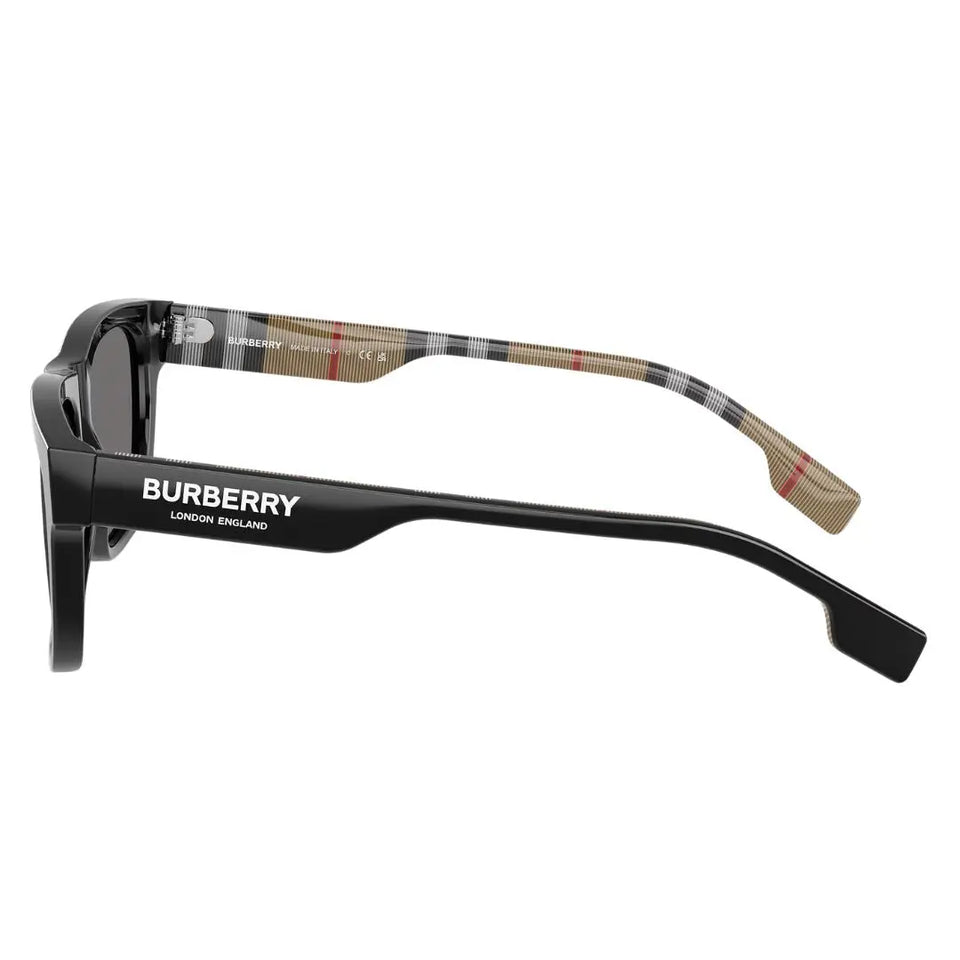Side view of Burberry BE4293 blue sunglasses showing wide temples with raised white Burberry lettering - Gadgets Online NZ