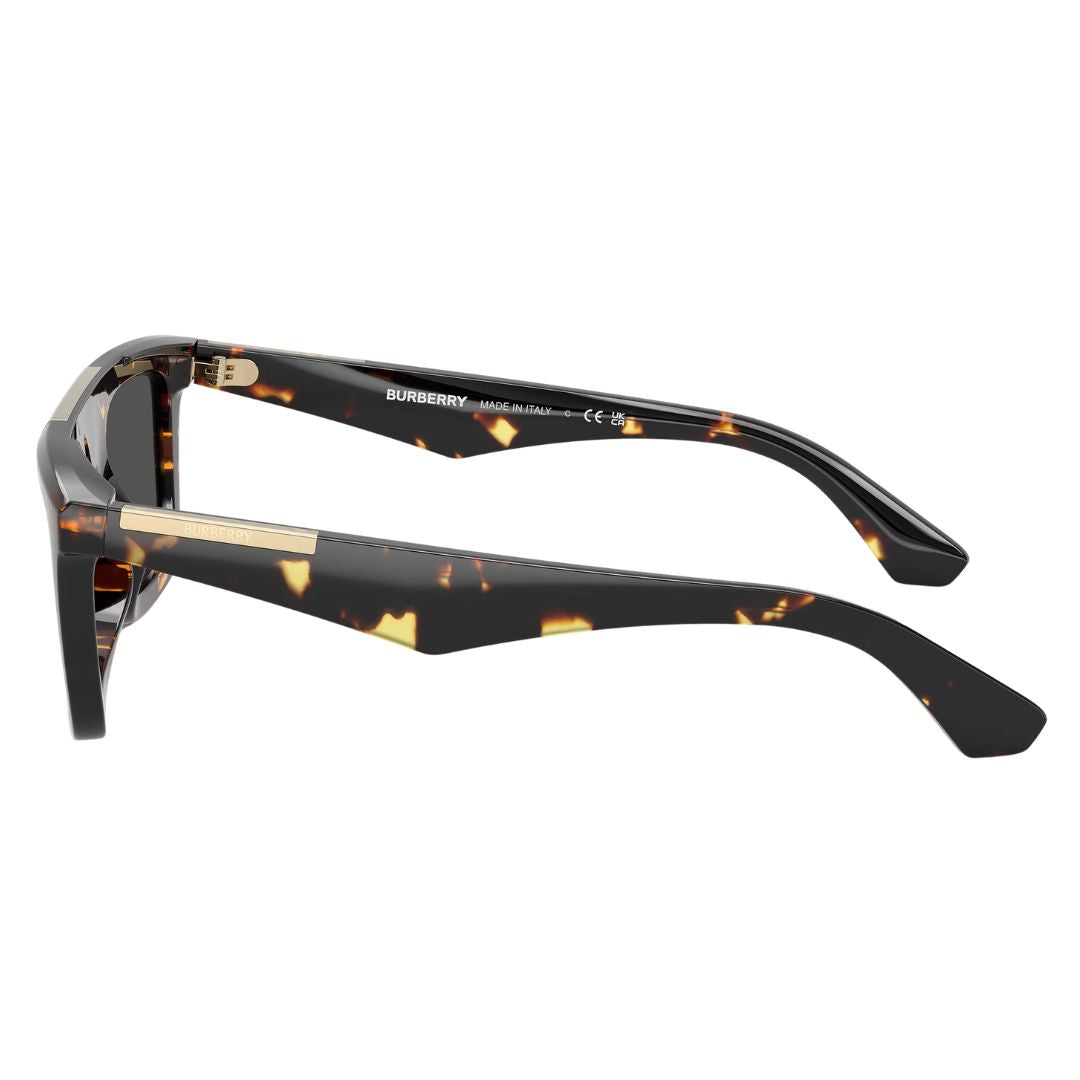Side view of Burberry blue sunglasses showing thick temples with prominent white Burberry lettering - Gadgets Online NZ
