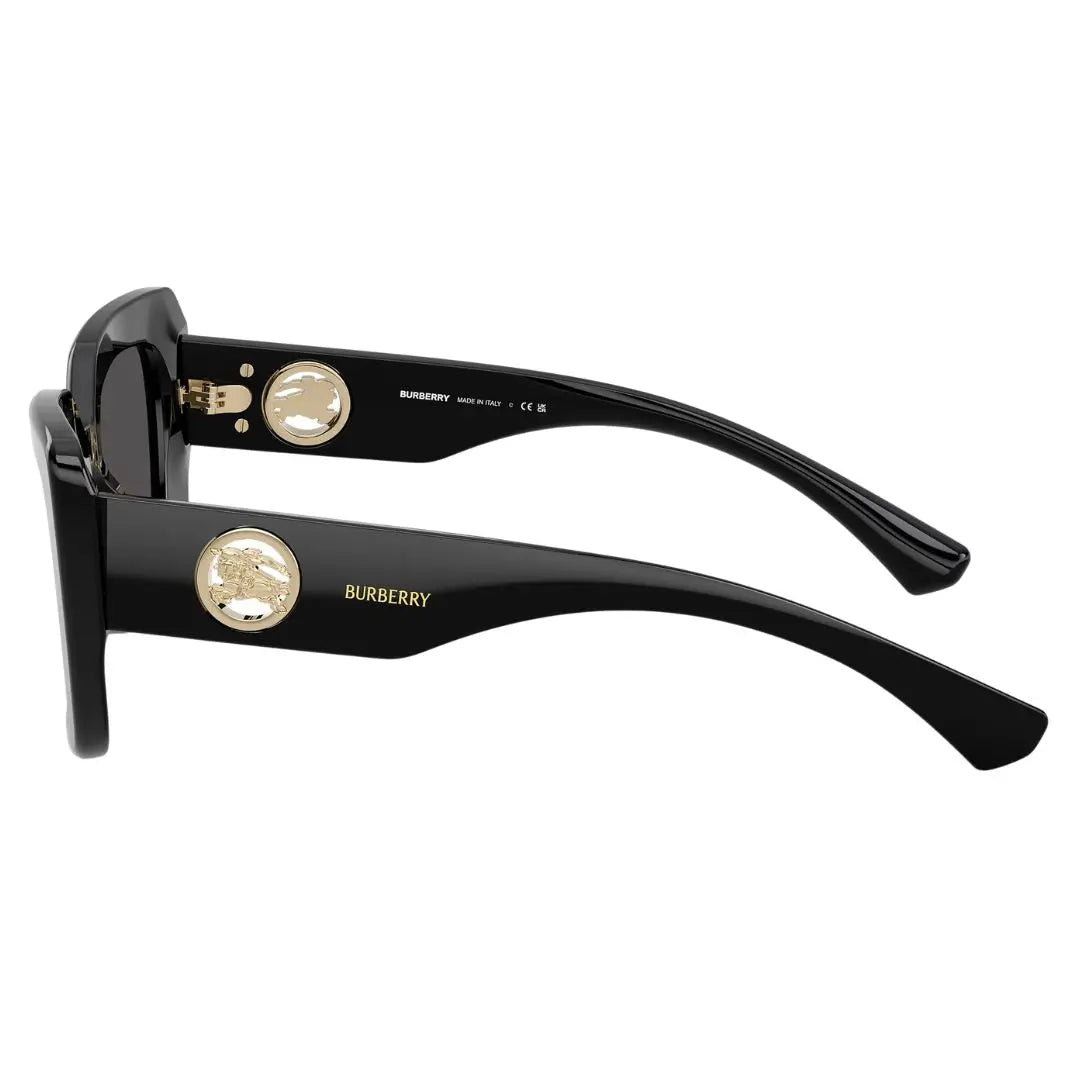 Side view of Burberry BE4476 sunglasses showing black acetate temples with raised silver Burberry lettering - Gadgets Online NZ