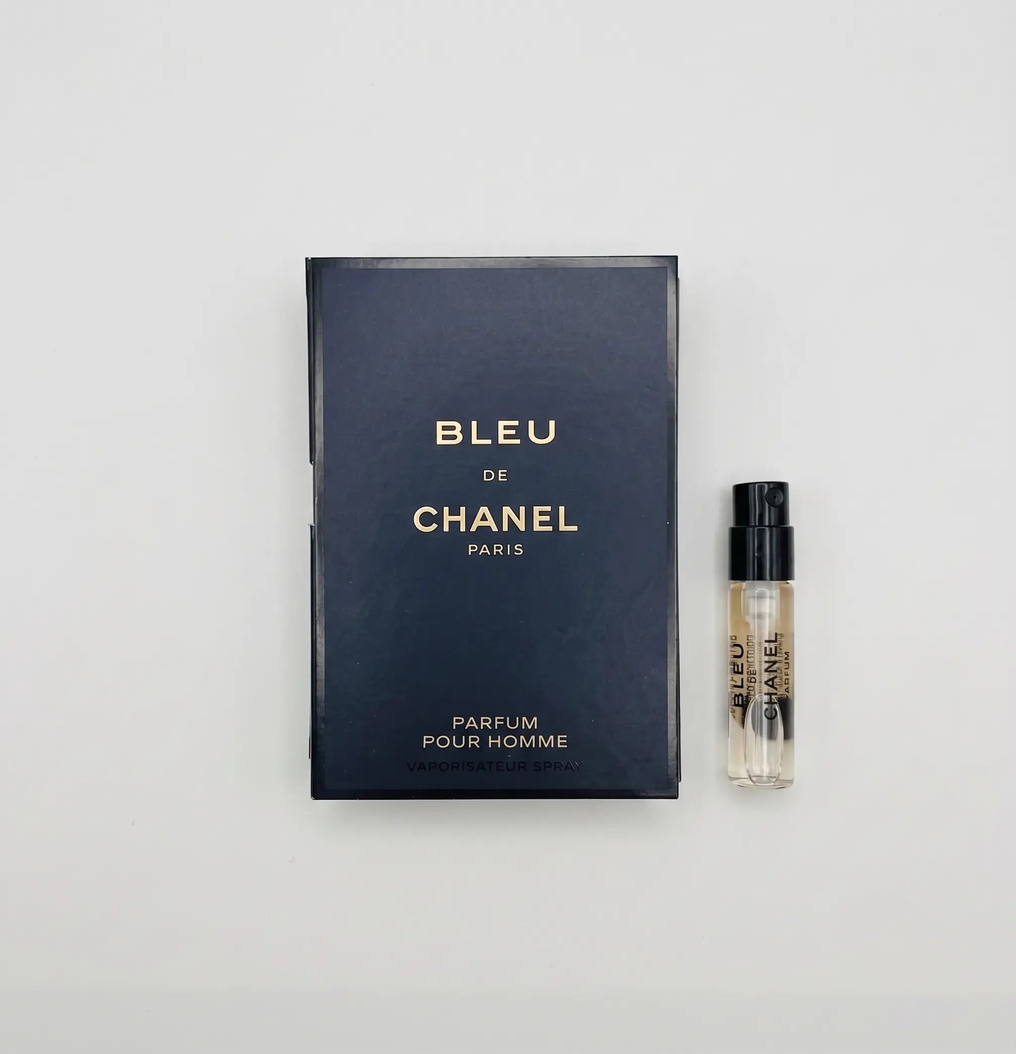 Bleu de Chanel perfume sample packaging on a light gray background