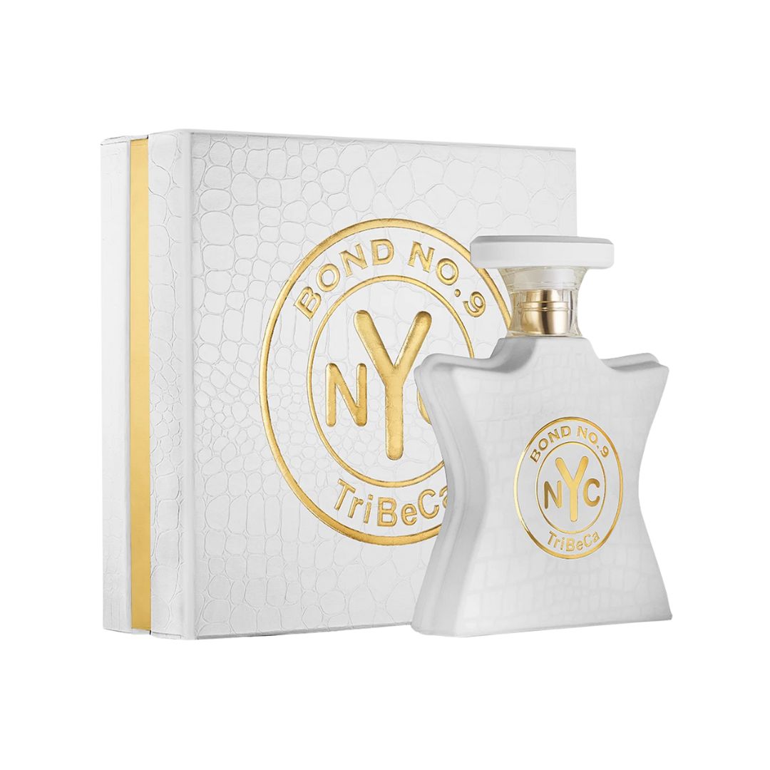Bond No. 9 Tribeca 100ml EDP, an elegant glass bottle with a dark, sophisticated design, suggesting a rich, gourmand, and woody unisex fragrance.