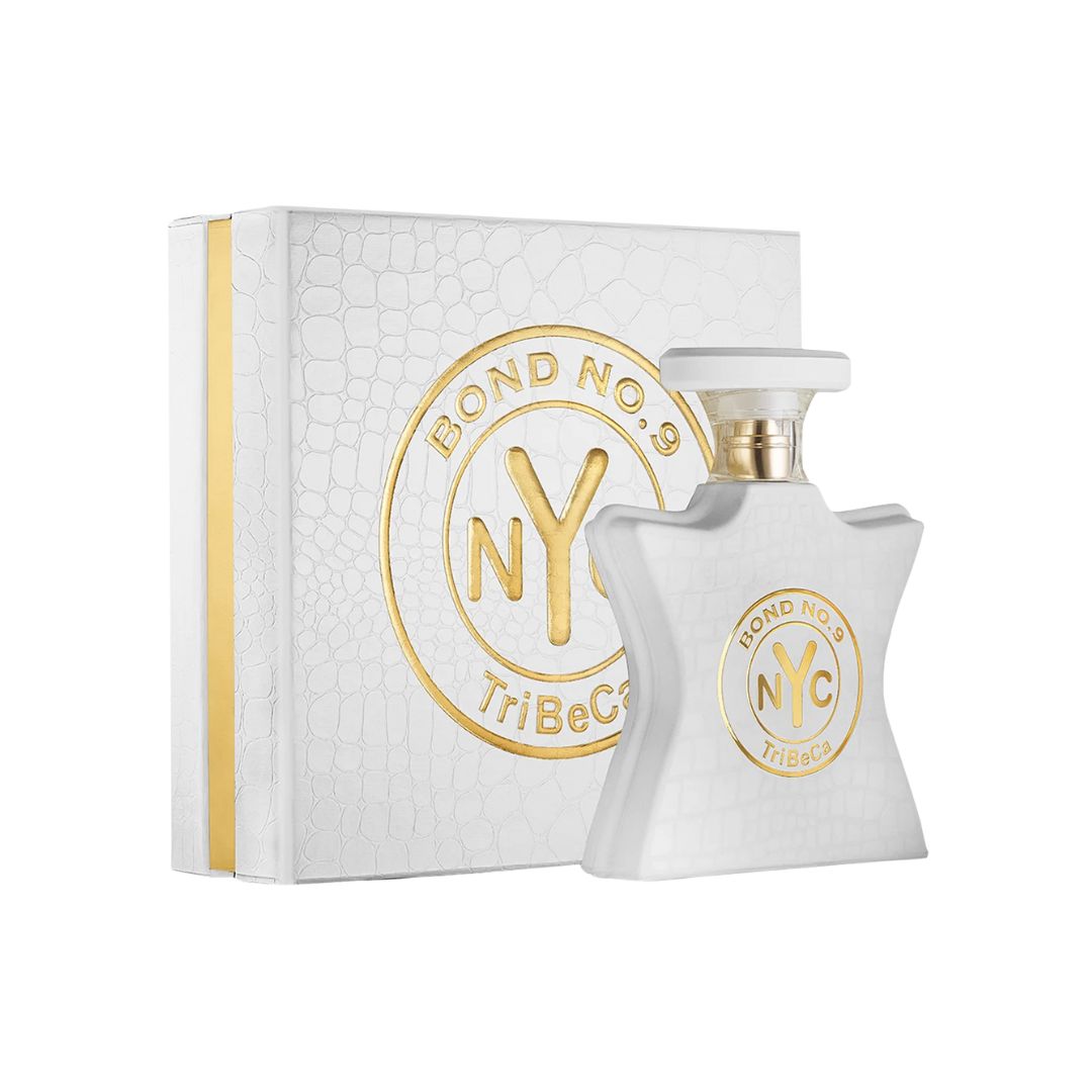 Bond No. 9 Tribeca 50ml EDP, an elegant glass bottle with a dark, sophisticated design, suggesting a rich, gourmand, and woody unisex fragrance.