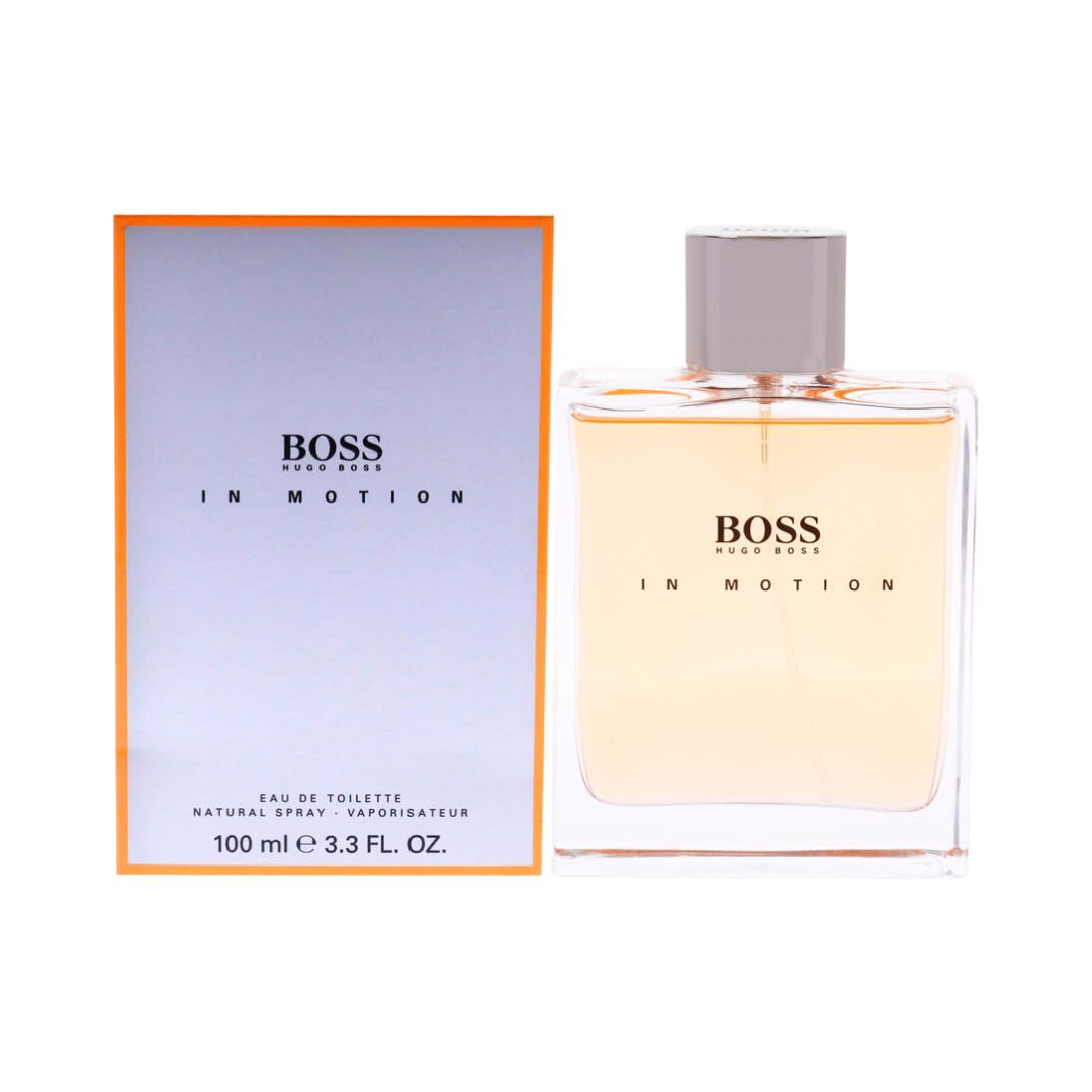 BOSS In Motion perfume bottle and packaging on a white background