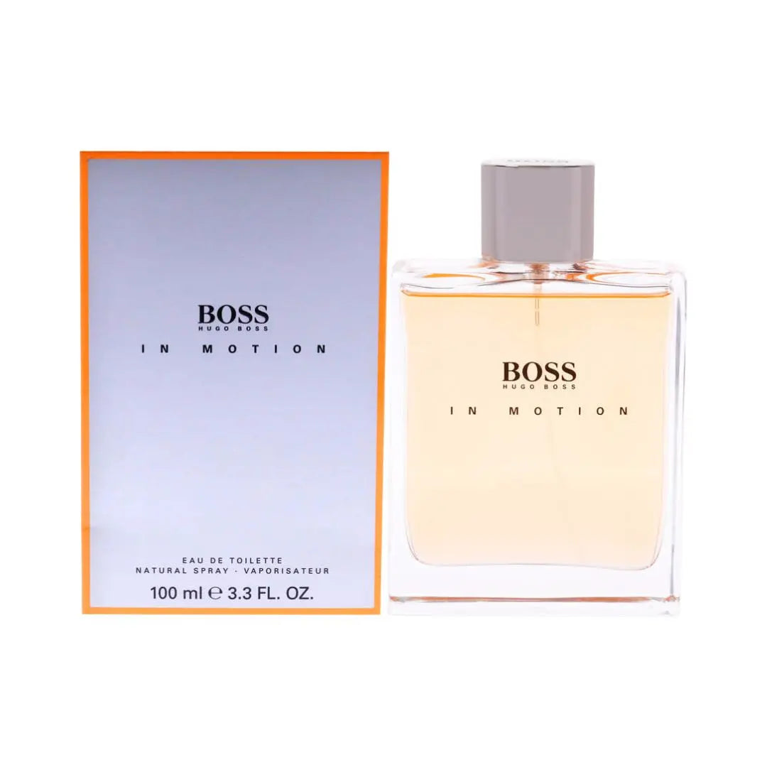 BOSS In Motion perfume bottle and packaging on a white background