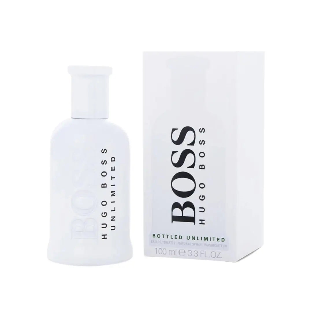 Hugo Boss Bottled Unlimited perfume bottle and packaging on a white background