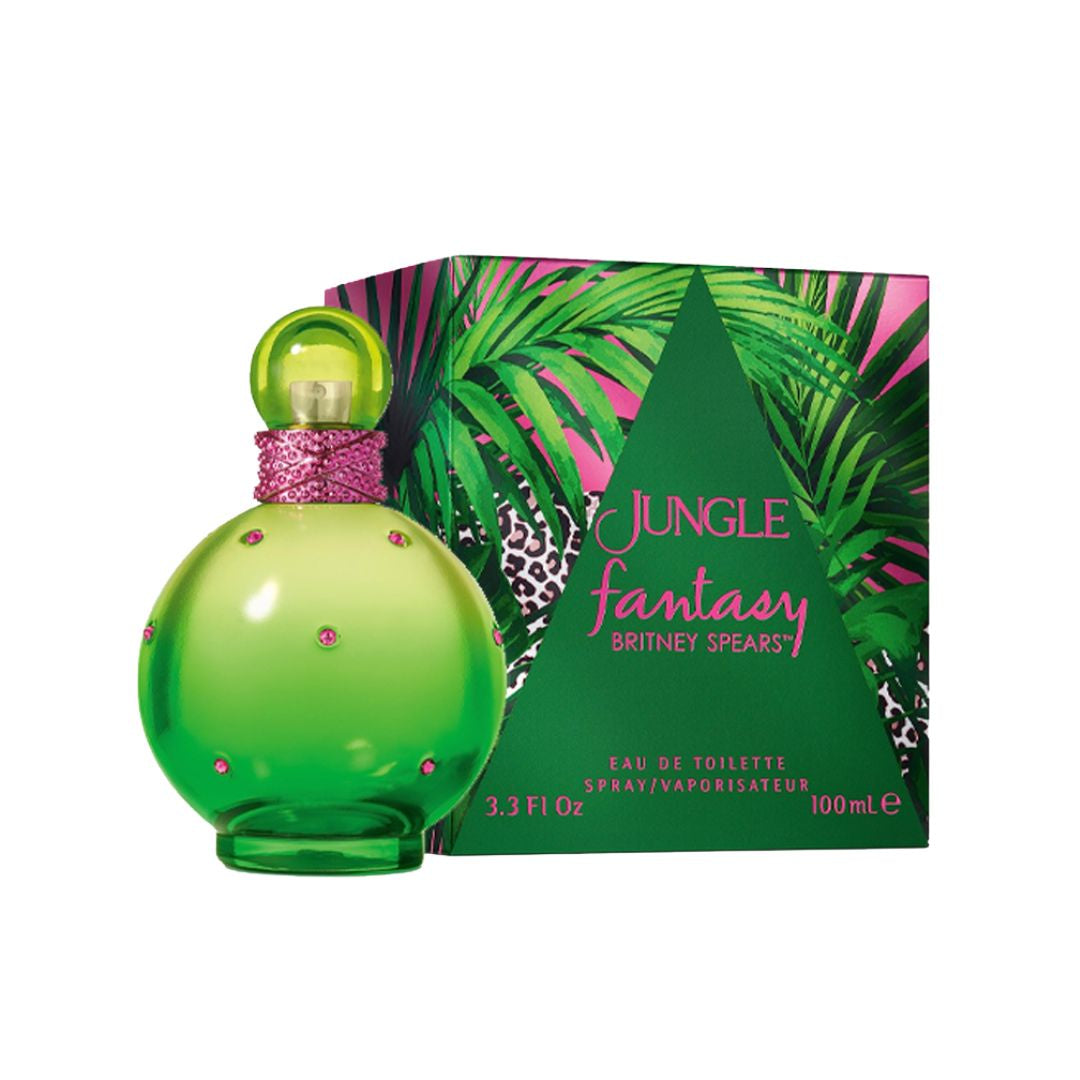 Britney Spears Jungle Fantasy 100ml EDT, a vibrant green bottle with a floral cap, suggesting a fresh, fruity, and fun feminine fragrance