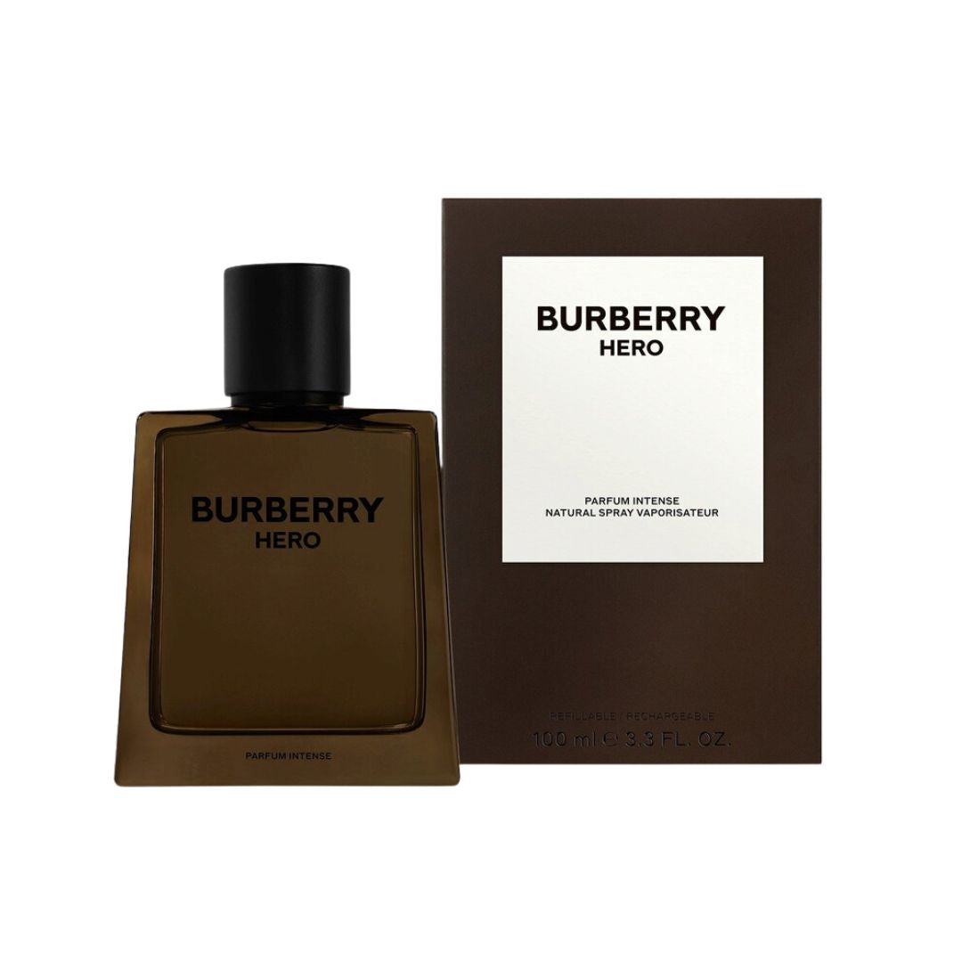 Burberry Hero Man Parfum Intense 100ml, a sleek, modern bottle suggesting a bold, spicy, leathery, and woody masculine fragrance