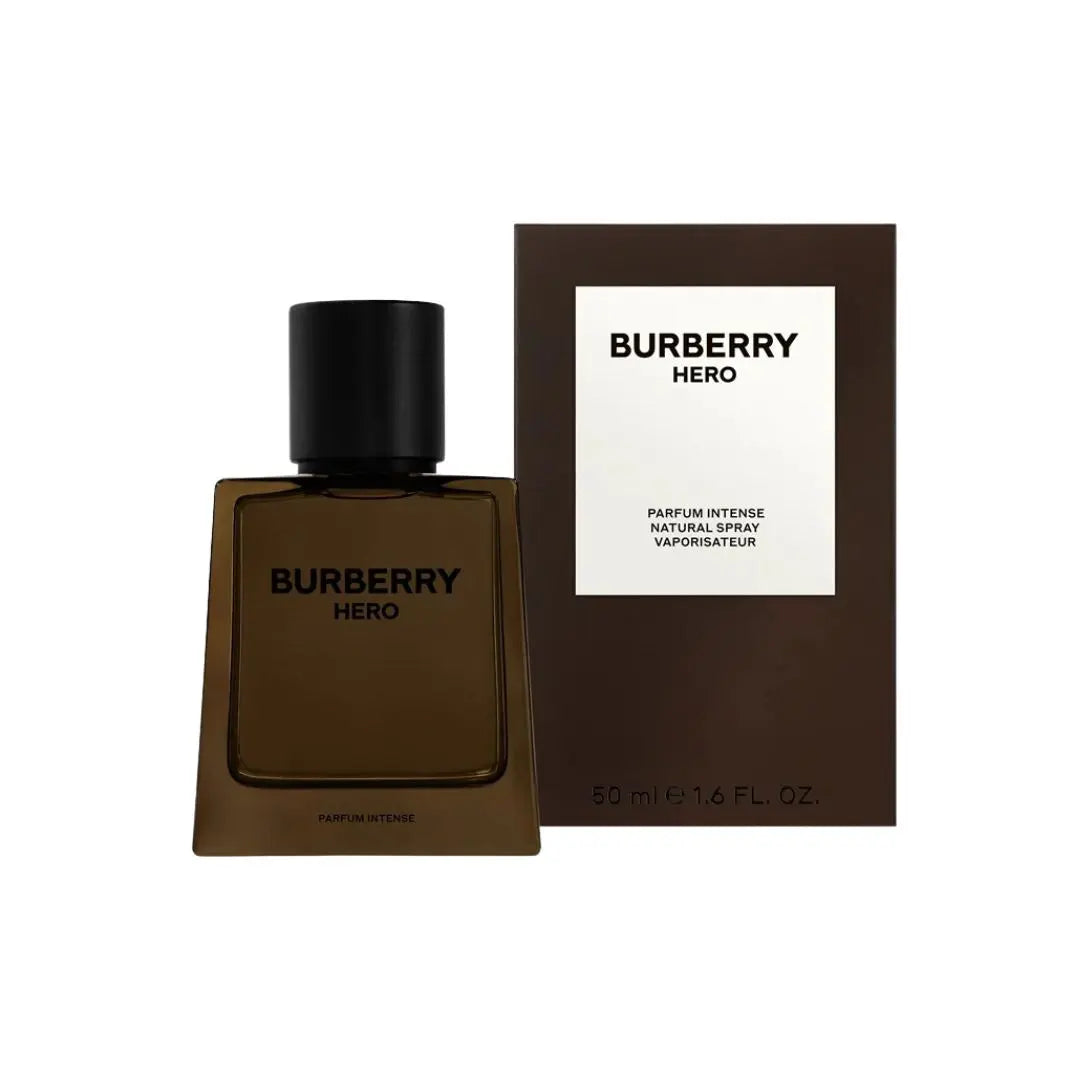 Burberry Hero Man Parfum Intense 50ml, a sleek, modern bottle suggesting a bold, spicy, leathery, and woody masculine fragrance
