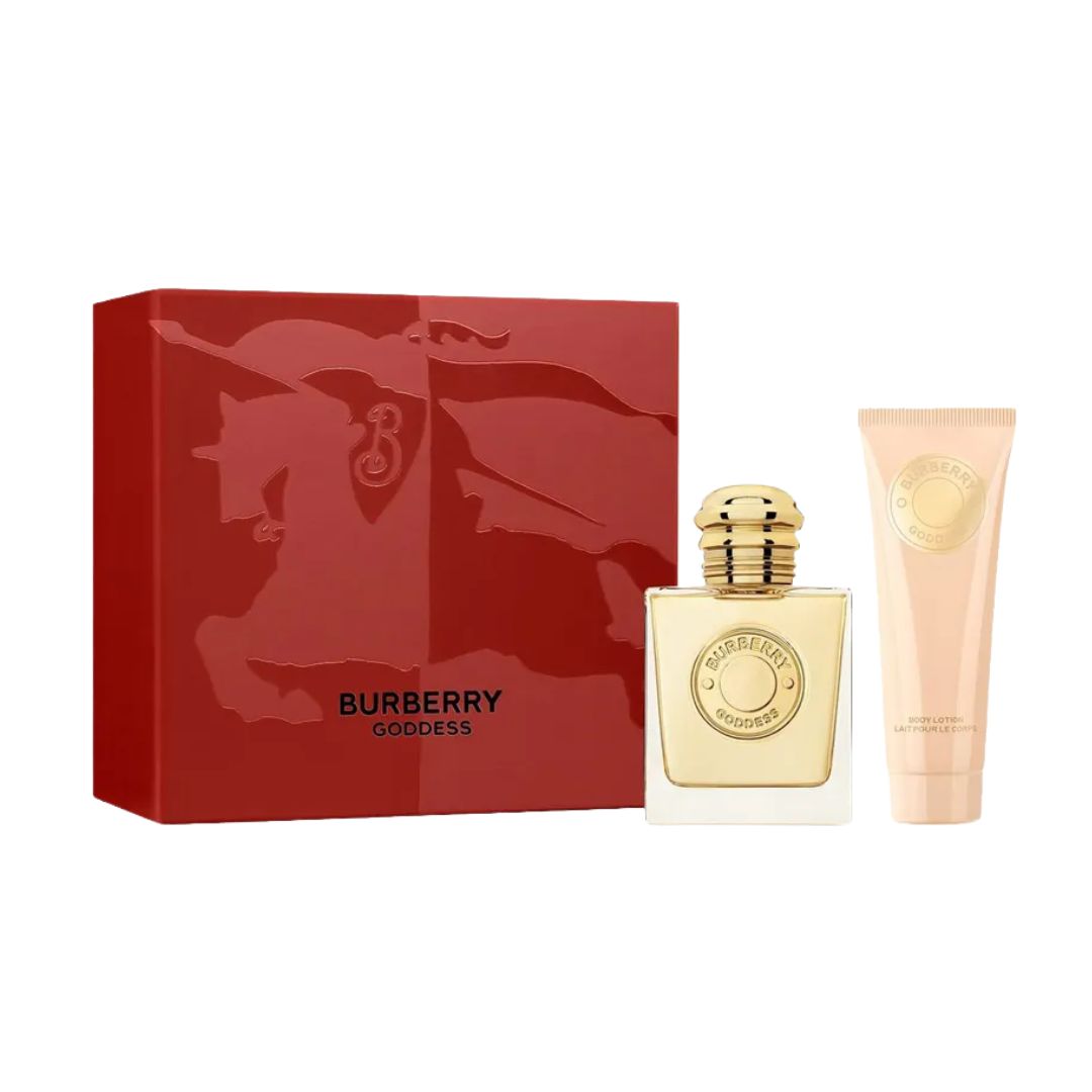 Burberry Goddess 2pc Gift Set, an elegant beige and gold box containing the 50ml square EDP bottle and 75ml body lotion, suggesting a rich, warm, and intensely gourmand vanilla aromatic scent.