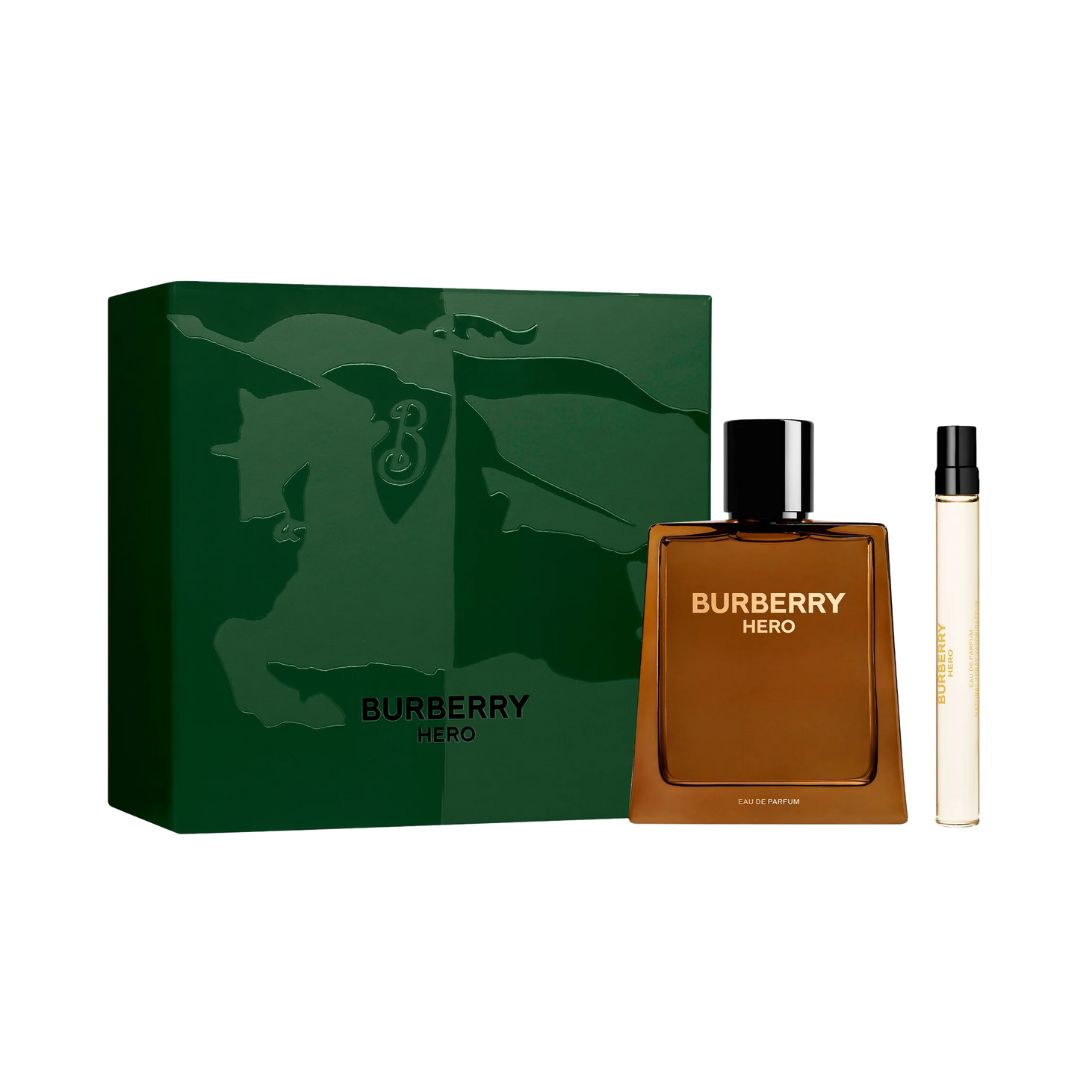 Burberry Hero EDP 100ml 2pc Gift Set, a sleek dark brown and silver box containing the iconic 100ml EDP horse-head bottle and 10ml travel spray, suggesting a deep, intense, resinous, and powerful cedarwood scent for men.