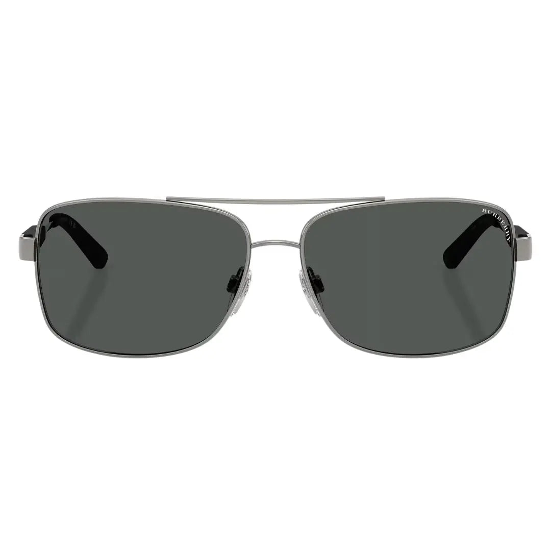 Front view of Burberry BE3074 100387 featuring a rectangular gunmetal metal aviator frame and grey lenses - Gadgets Online NZ